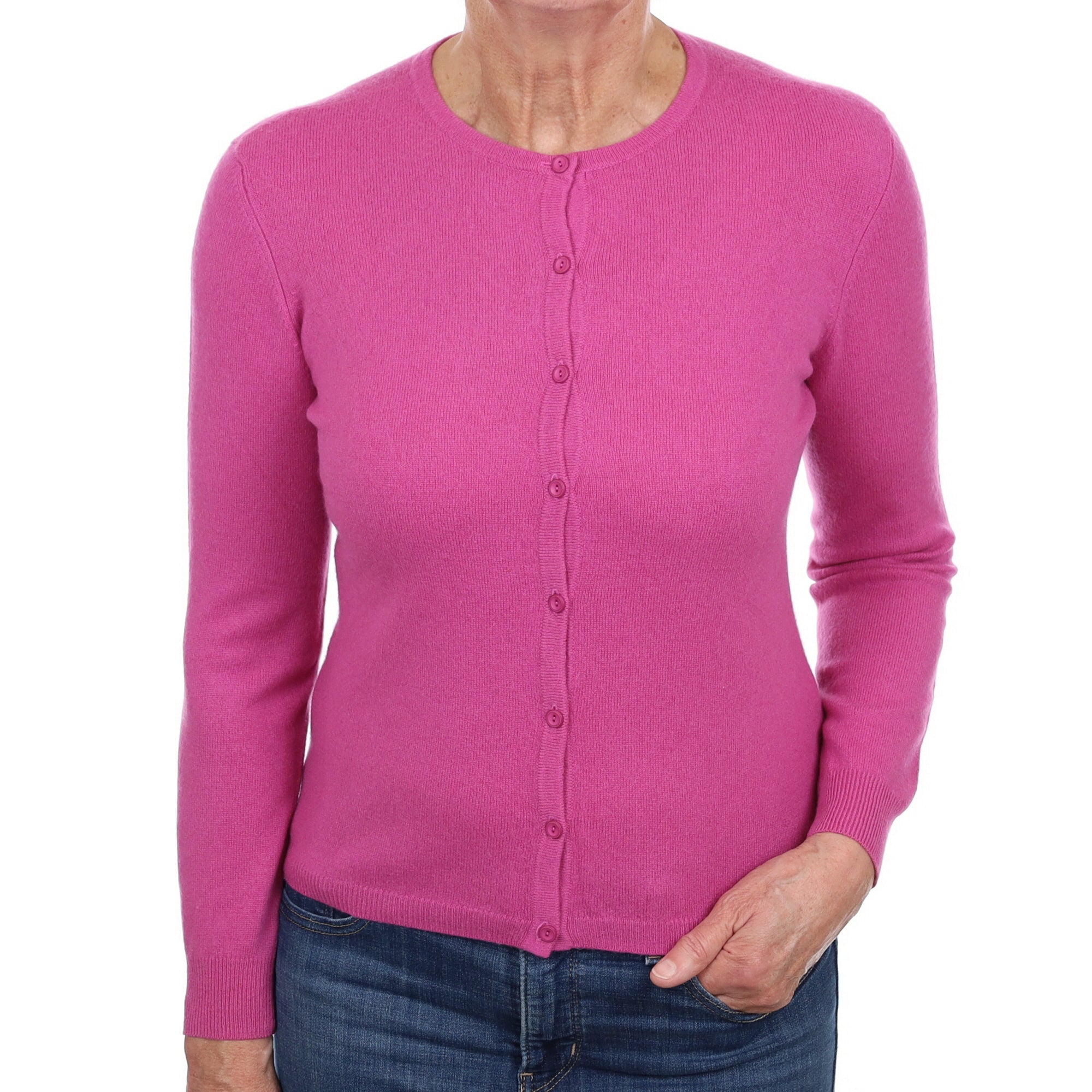 Tulip Pink Cashmere Crew Neck Cardigan Medium