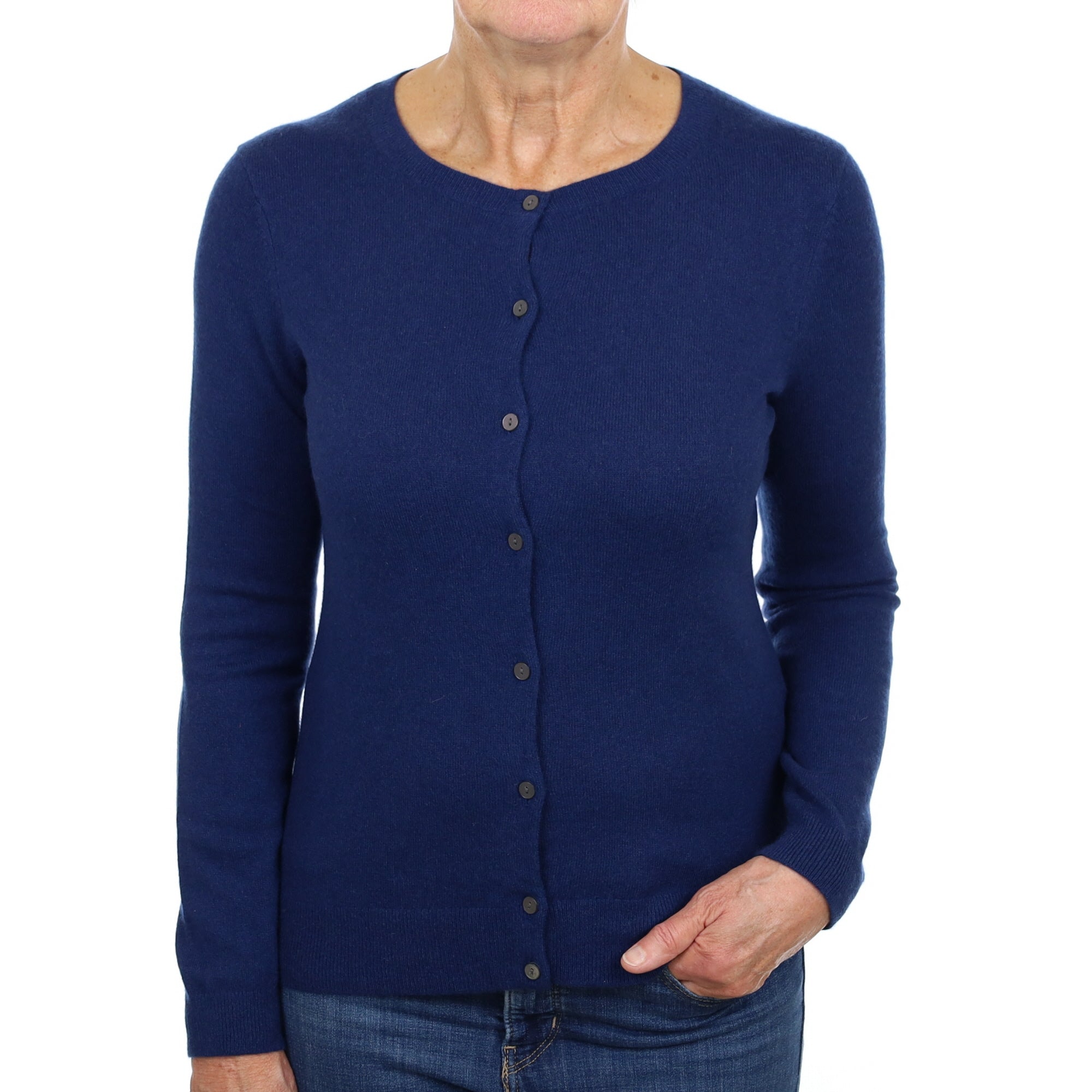 French Navy Cashmere Crew Neck Cardigan Medium