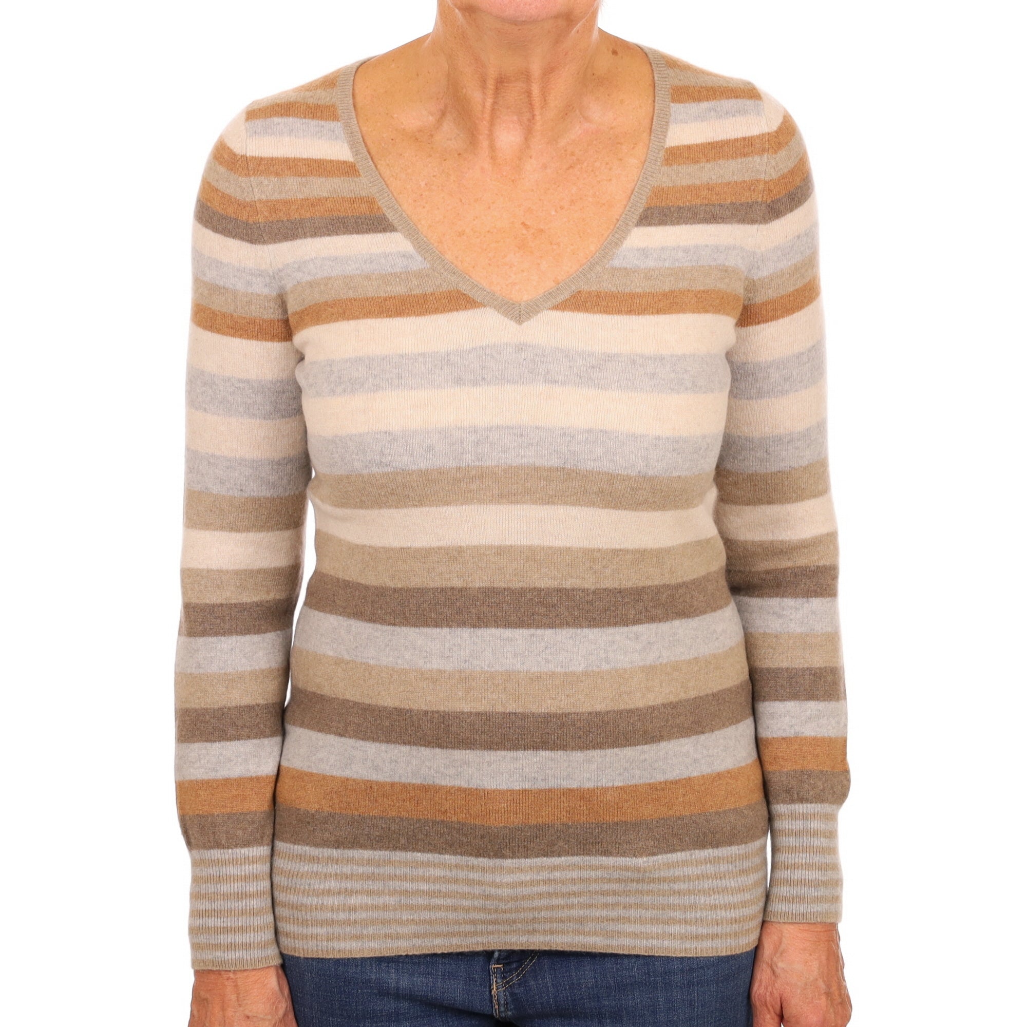 Brown Striped Cashmere V Neck Jumper Medium