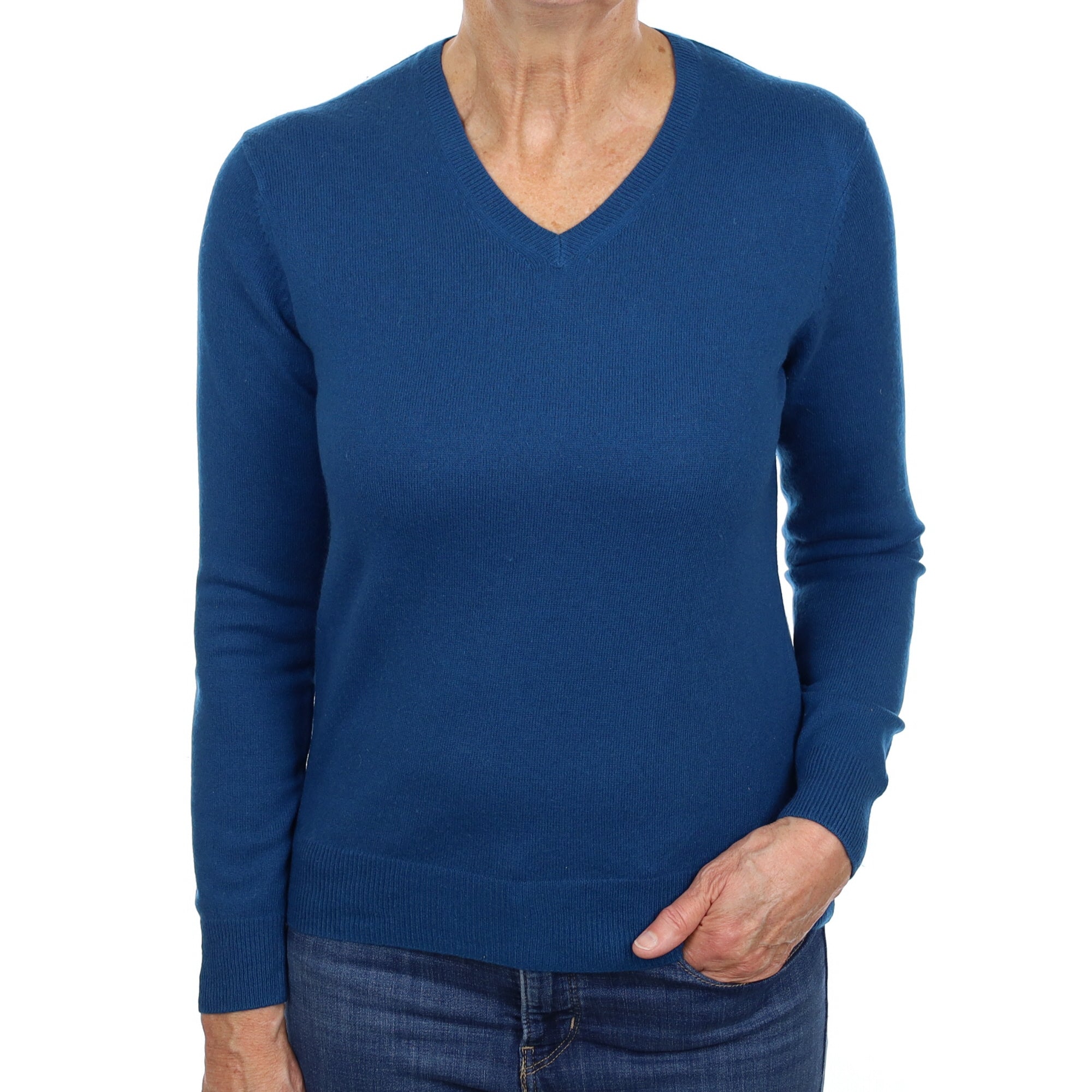Teal Blue Cashmere V Neck Jumper Medium