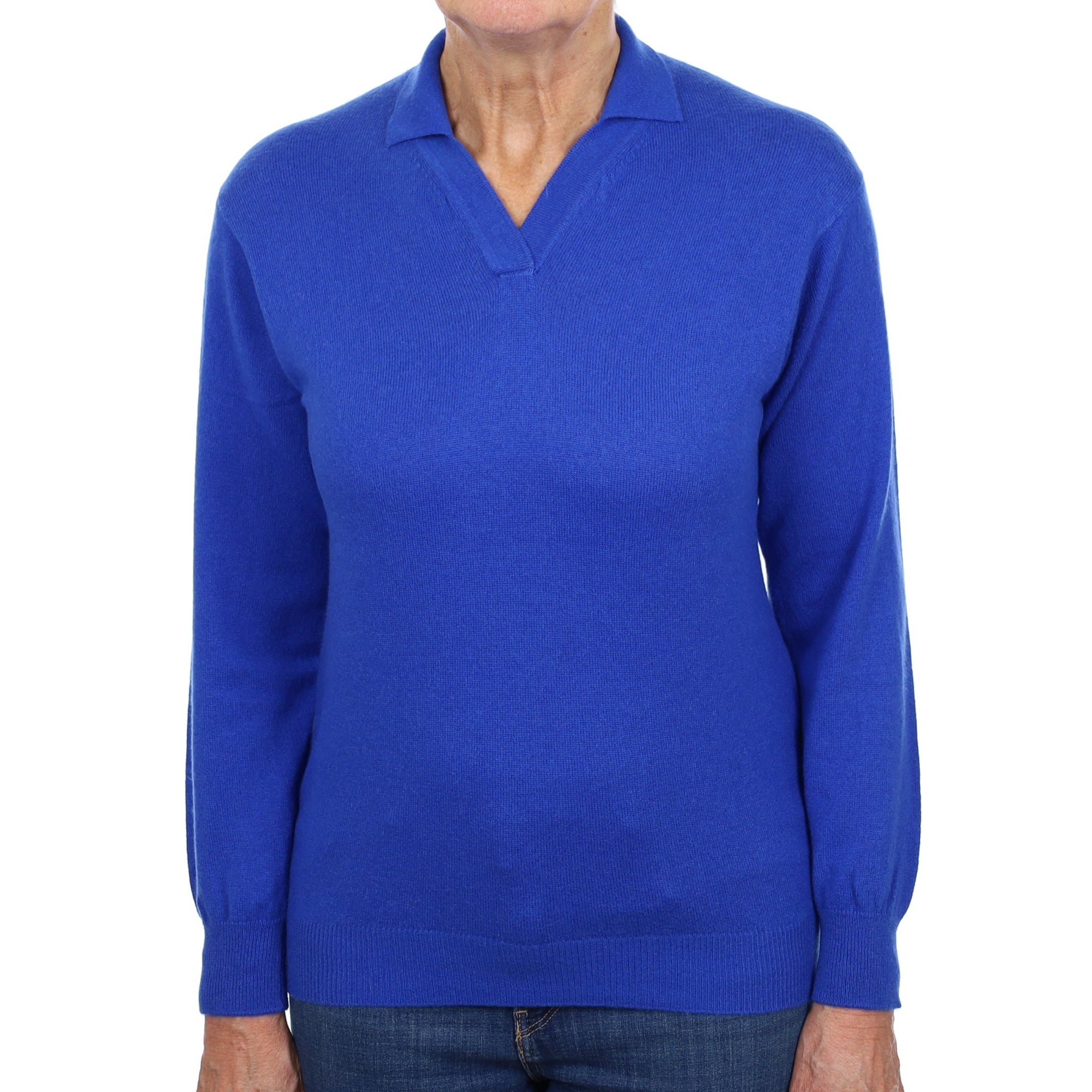 Cobalt Blue Cashmere Collared V Neck Jumper Medium