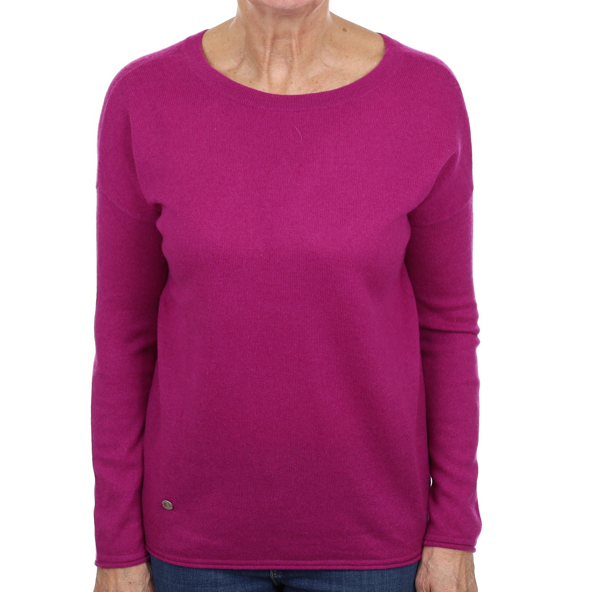 Magenta Pink Cashmere Button Back Crew Neck Jumper Medium