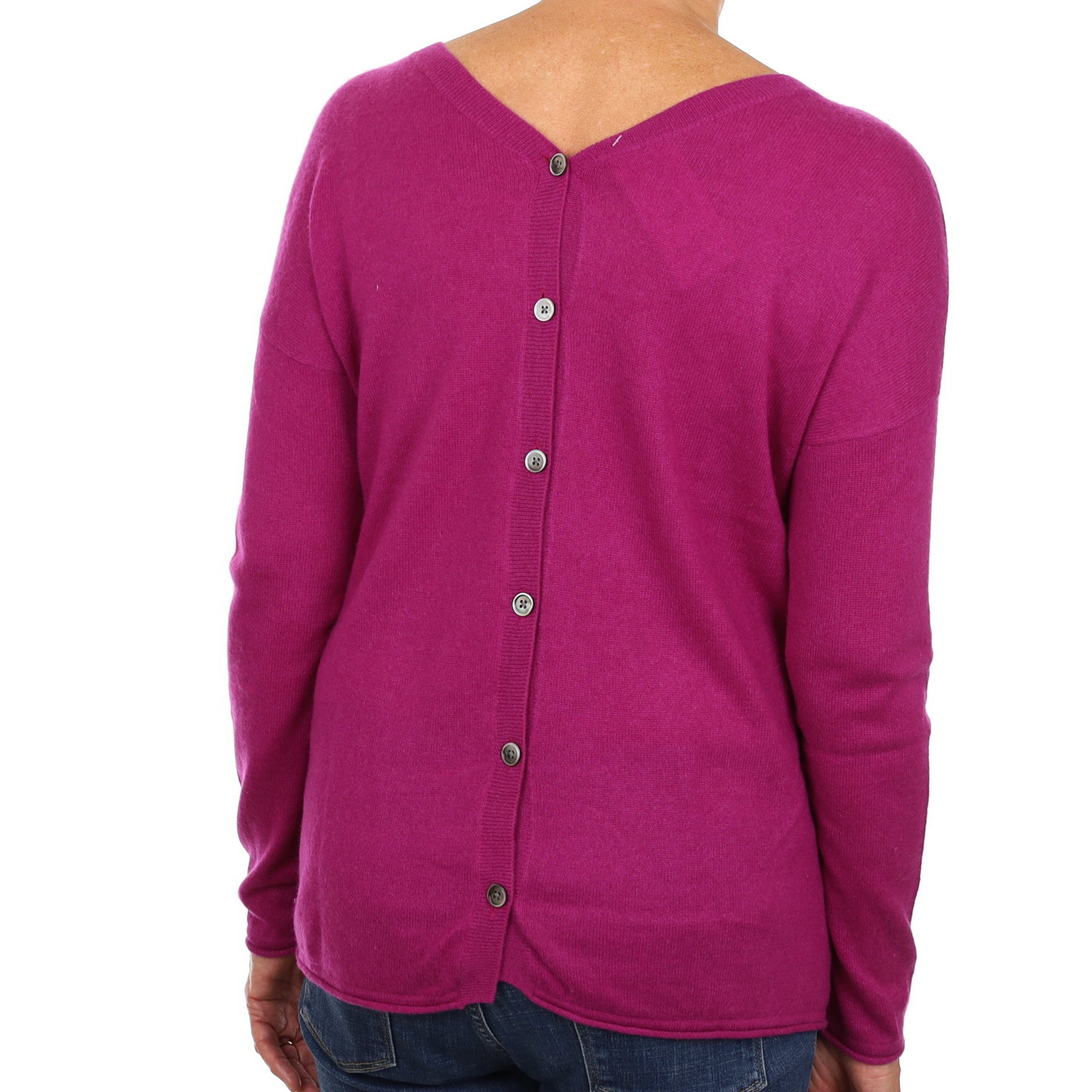 Magenta Pink Cashmere Button Back Crew Neck Jumper Medium