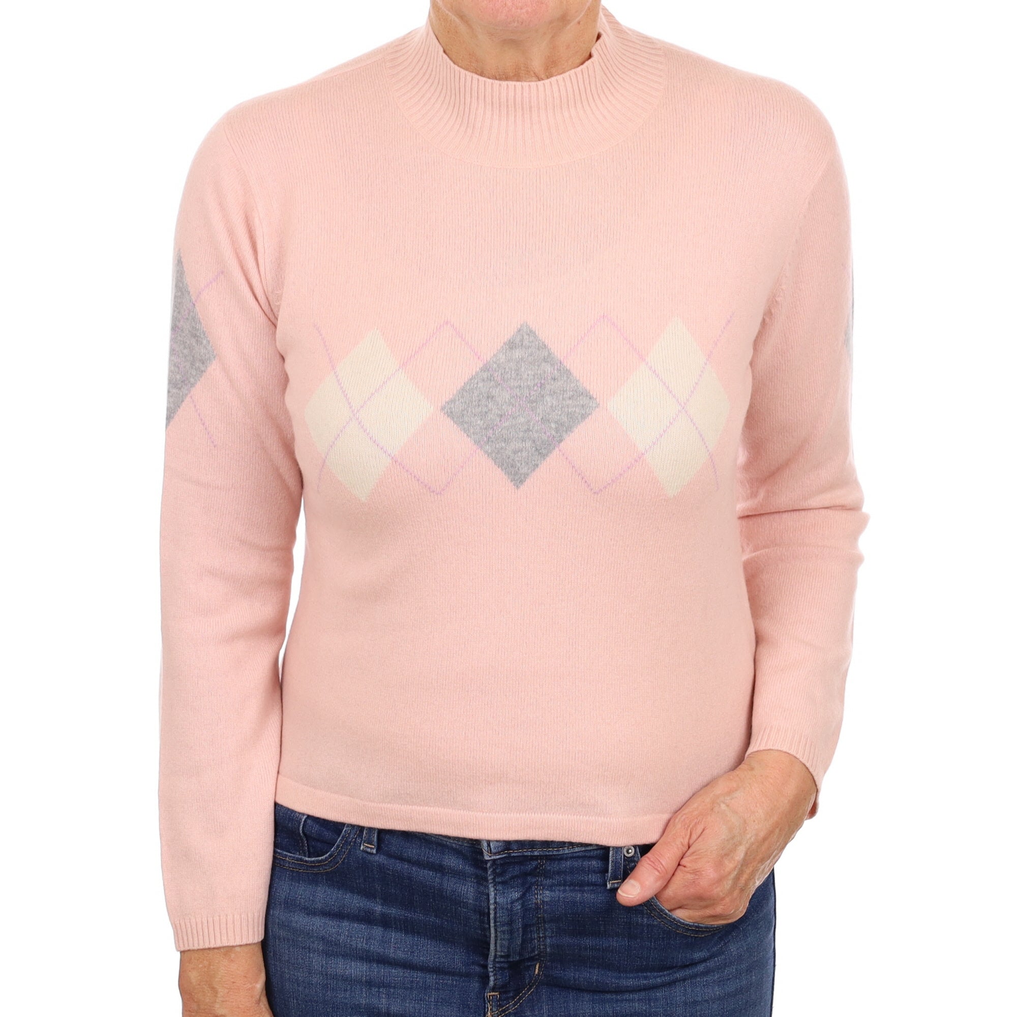 Shell Pink Argyle Cashmere Turtle Neck Jumper Medium