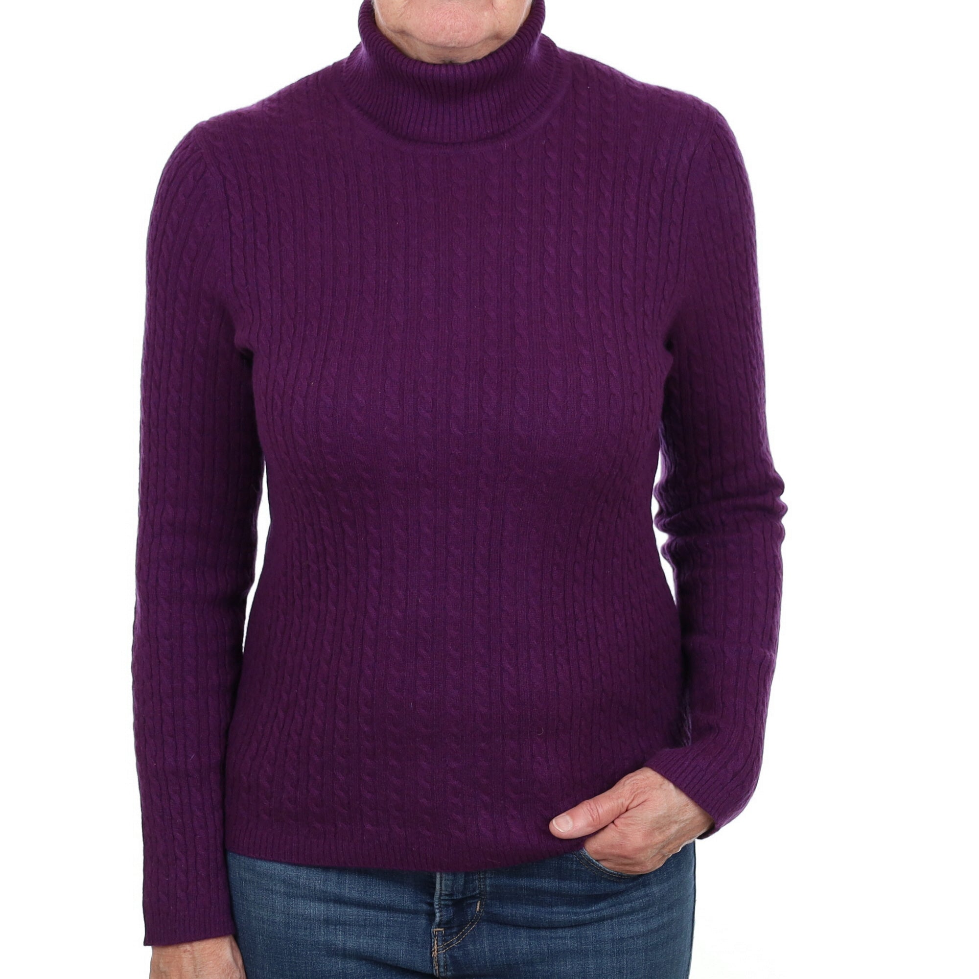 Plum Purple Cashmere Polo Neck Cable Knit Jumper Medium