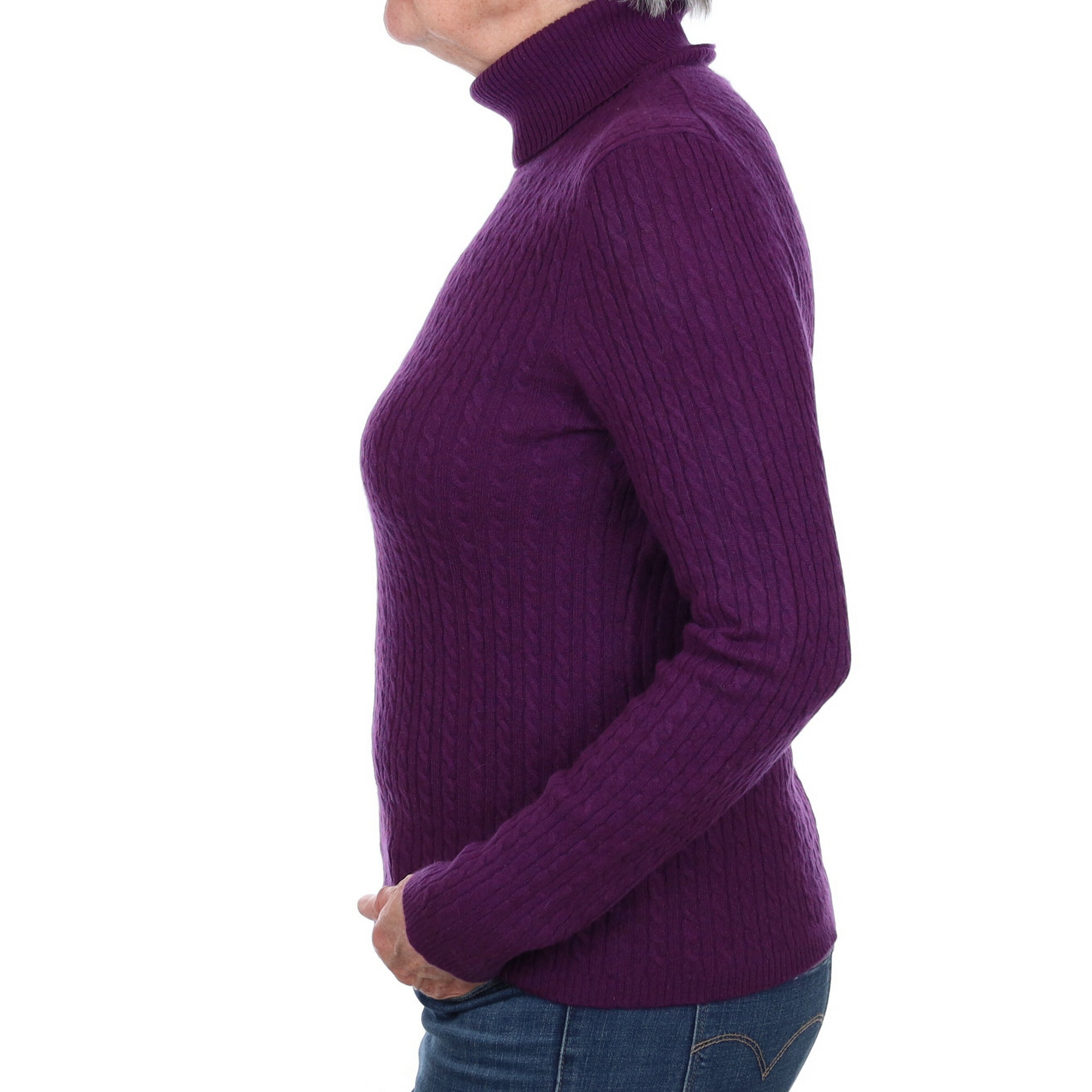 Plum Purple Cashmere Polo Neck Cable Knit Jumper Medium