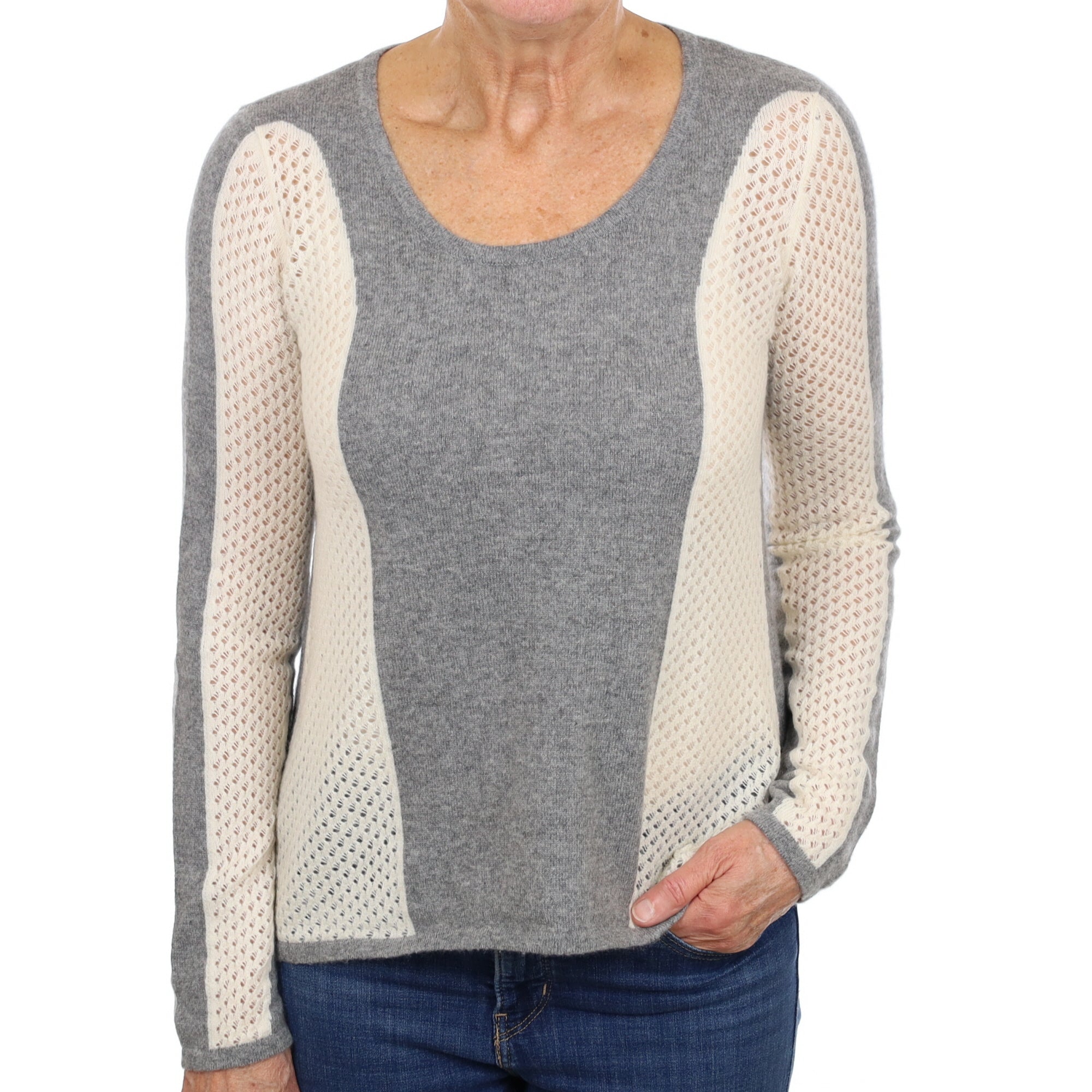 Grey and Cream Lace Knit Cashmere Crew Neck Jumper Medium