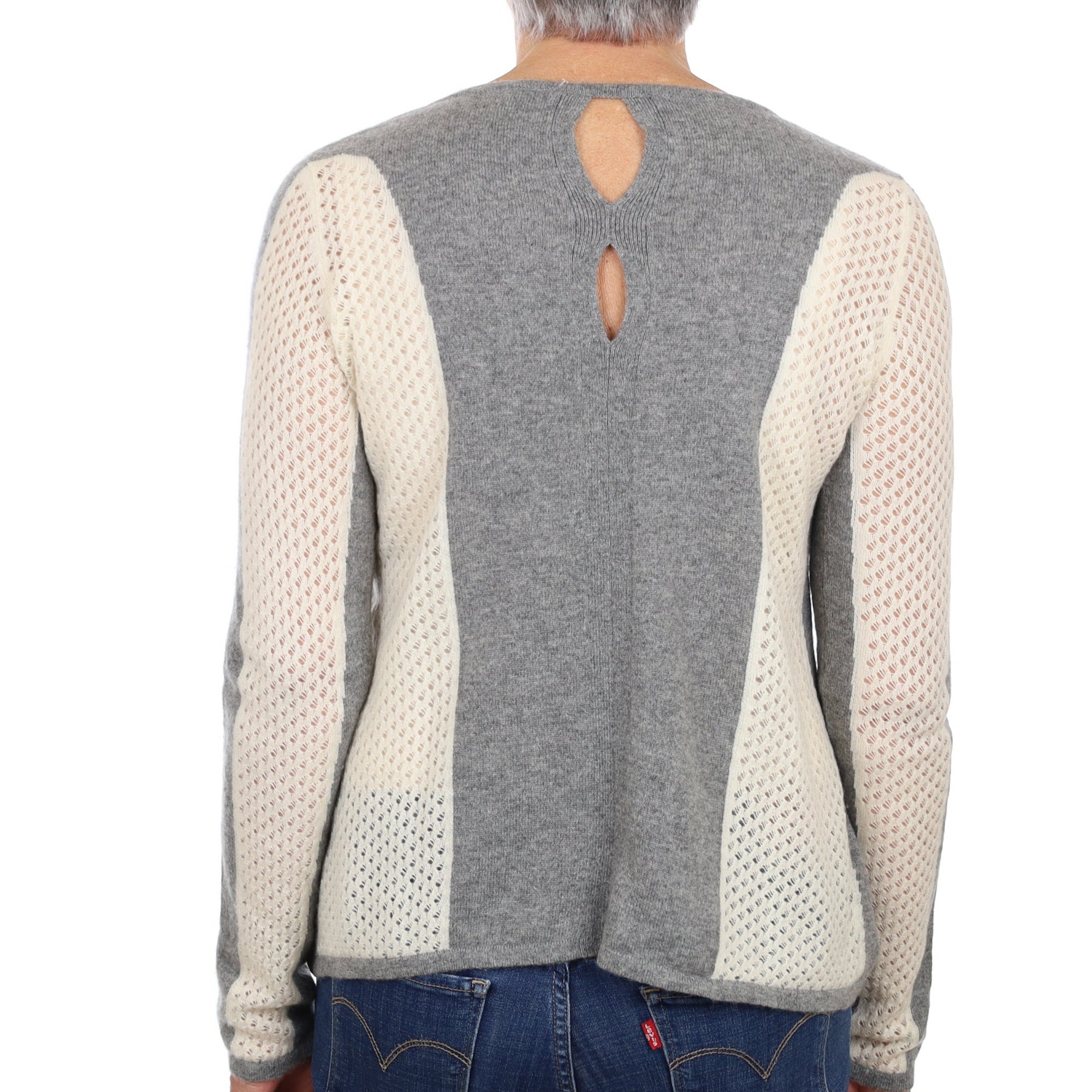 Grey and Cream Lace Knit Cashmere Crew Neck Jumper Medium