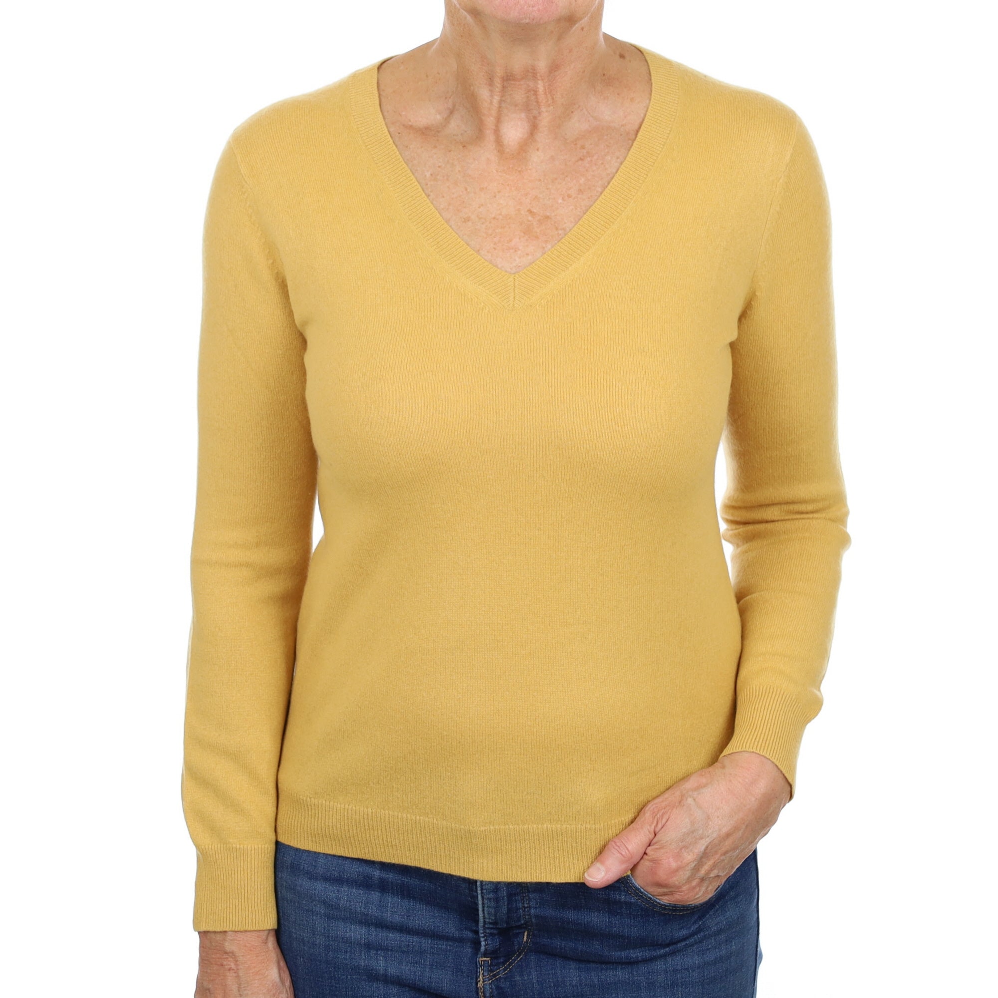 Mustard Yellow Cashmere V Neck Jumper Medium