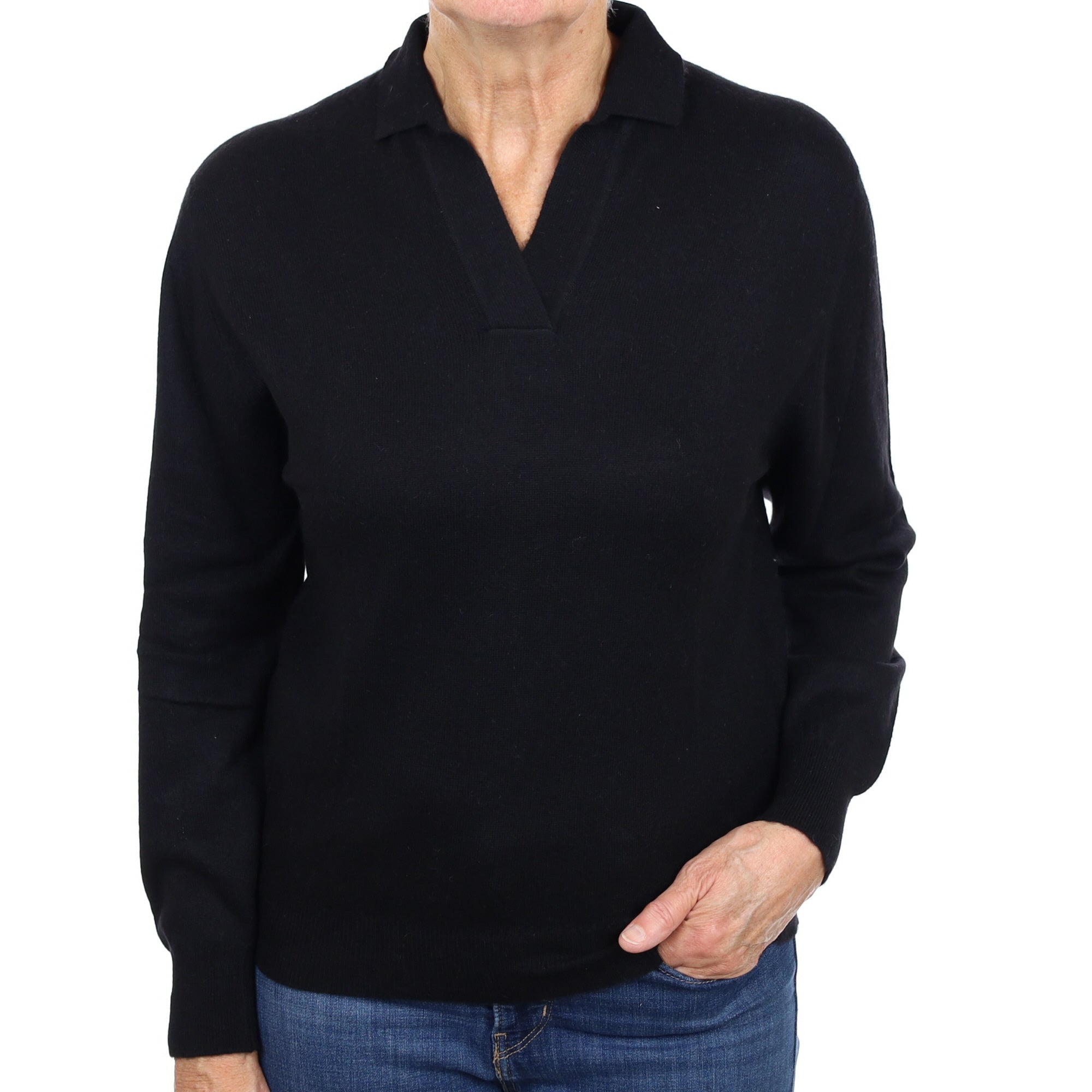 Scottish Black Cashmere Collared V Neck Jumper Medium