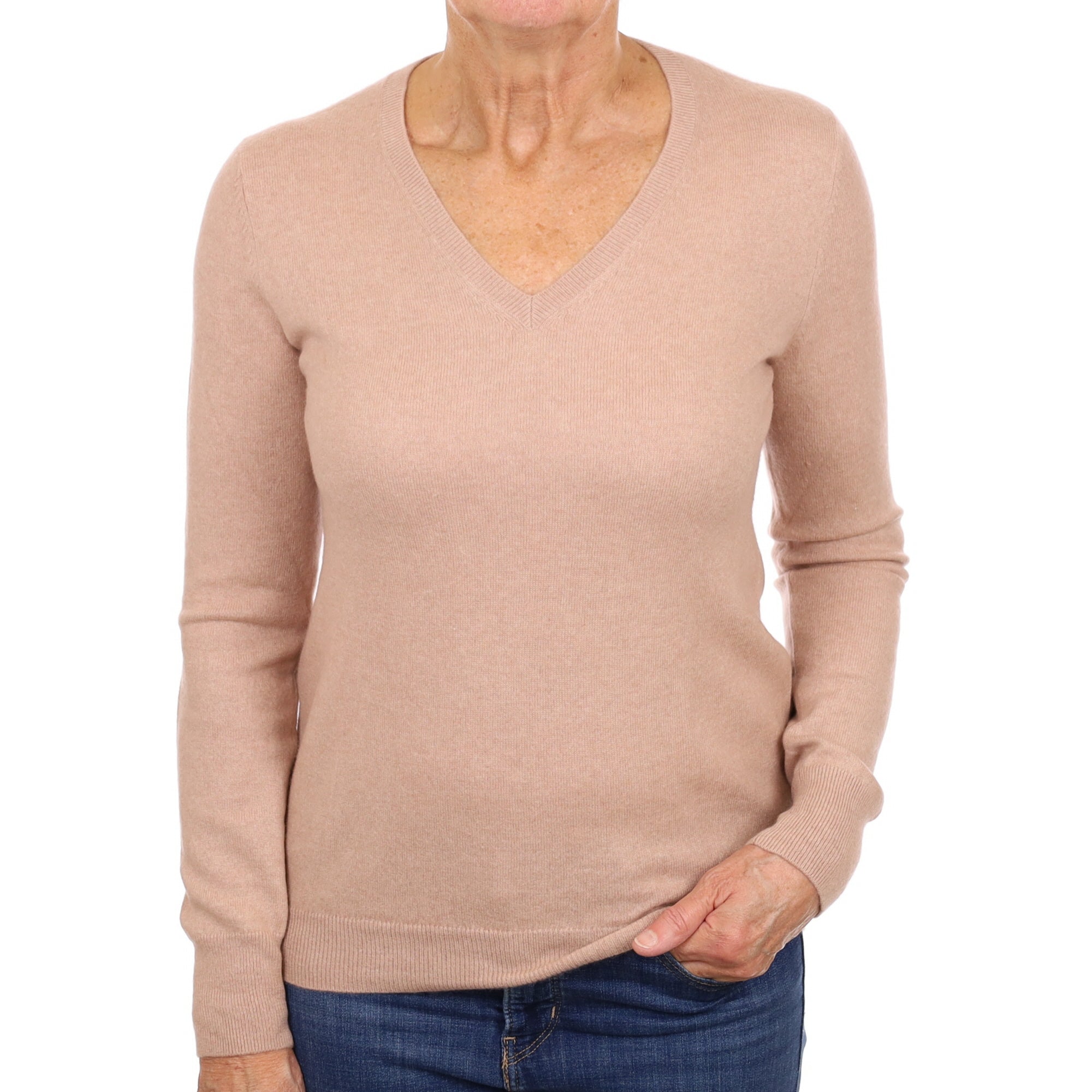 Buff Beige Cashmere V Neck Jumper Medium