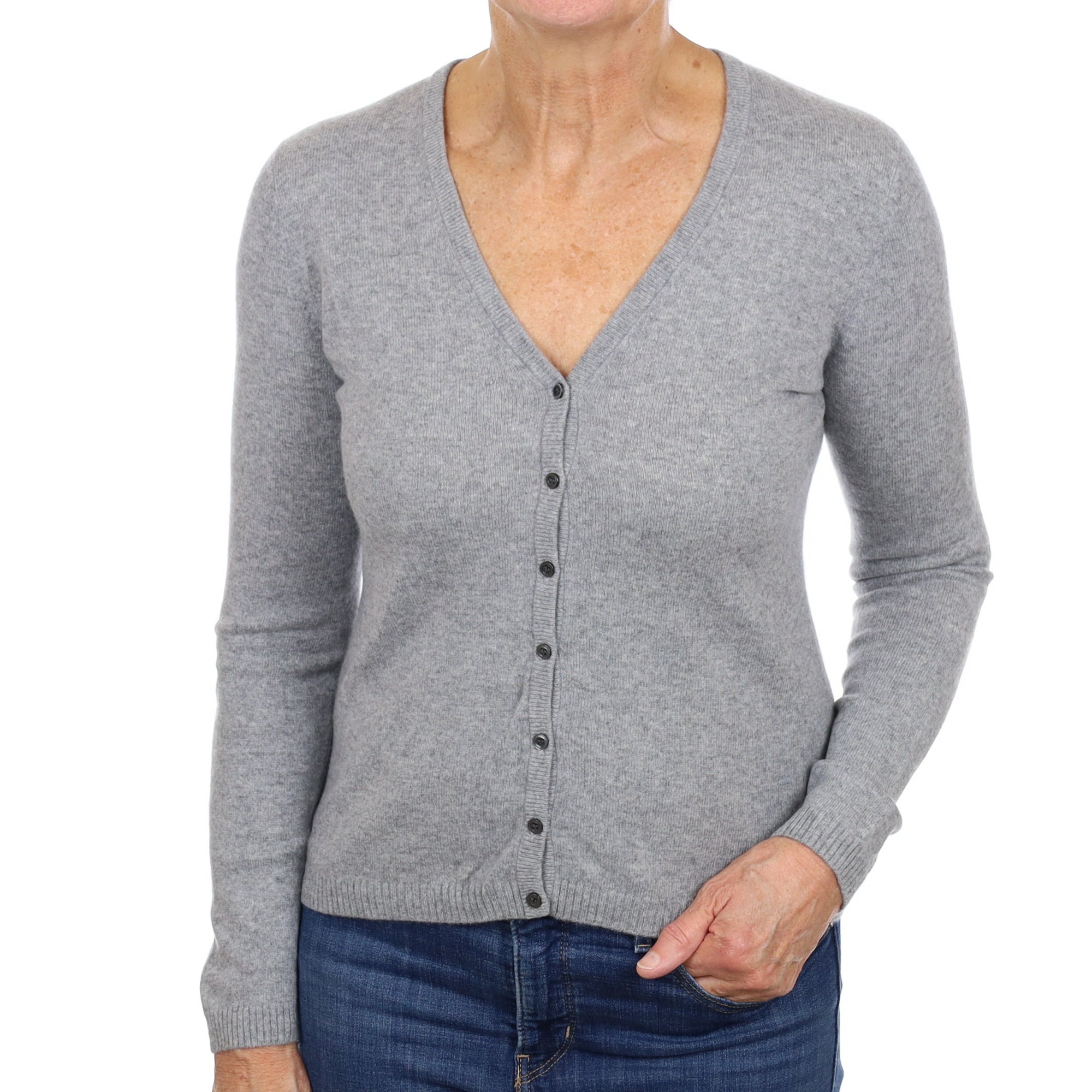 Pebble Grey Cashmere V Neck Cardigan Medium