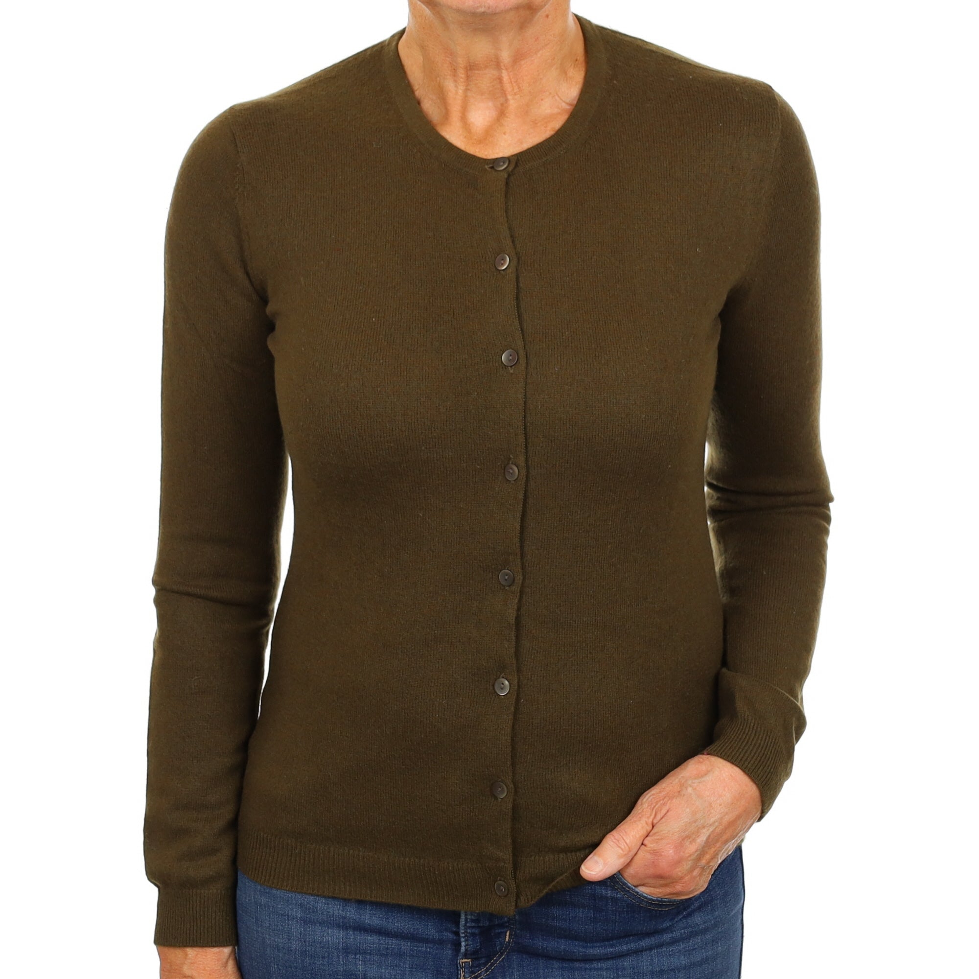 Deep Khaki Cashmere Crew Neck Cardigan Medium