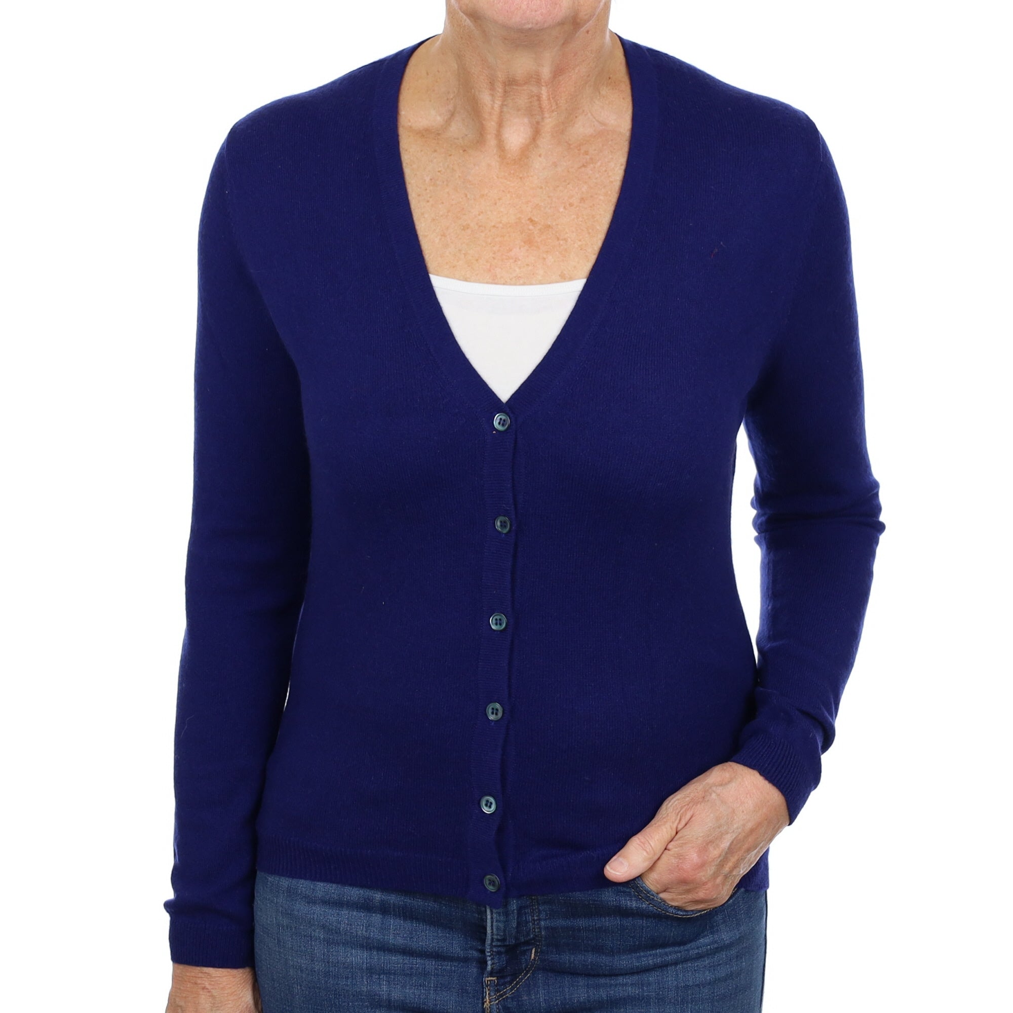 French Navy Cashmere V Neck Cardigan Medium