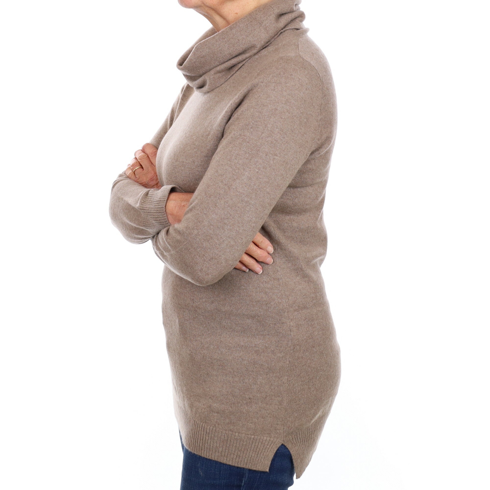 Mocha Brown Cashmere Longline Cowl Neck Jumper Medium