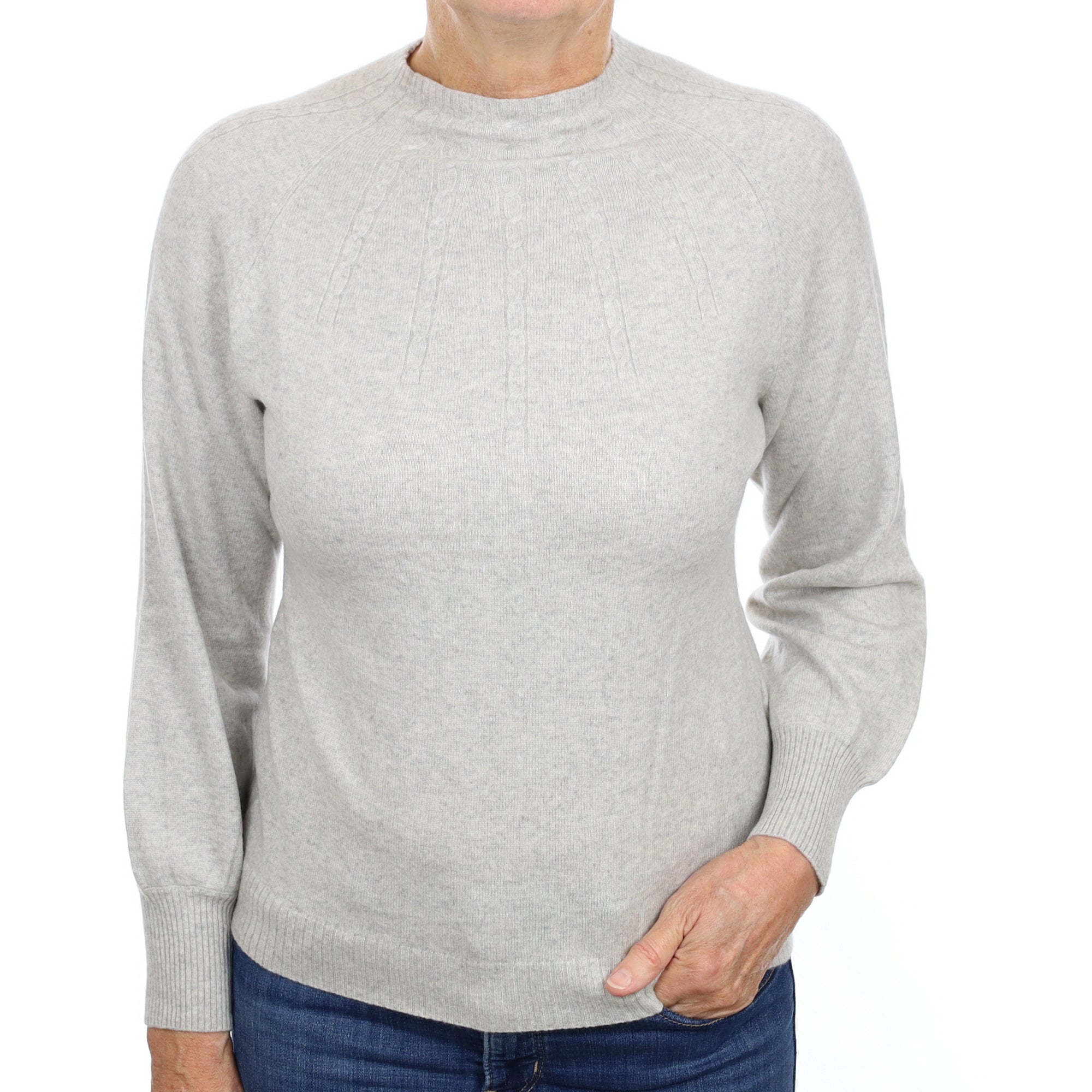 Mist Grey Cashmere Cable Yoke Turtle Neck Jumper Medium