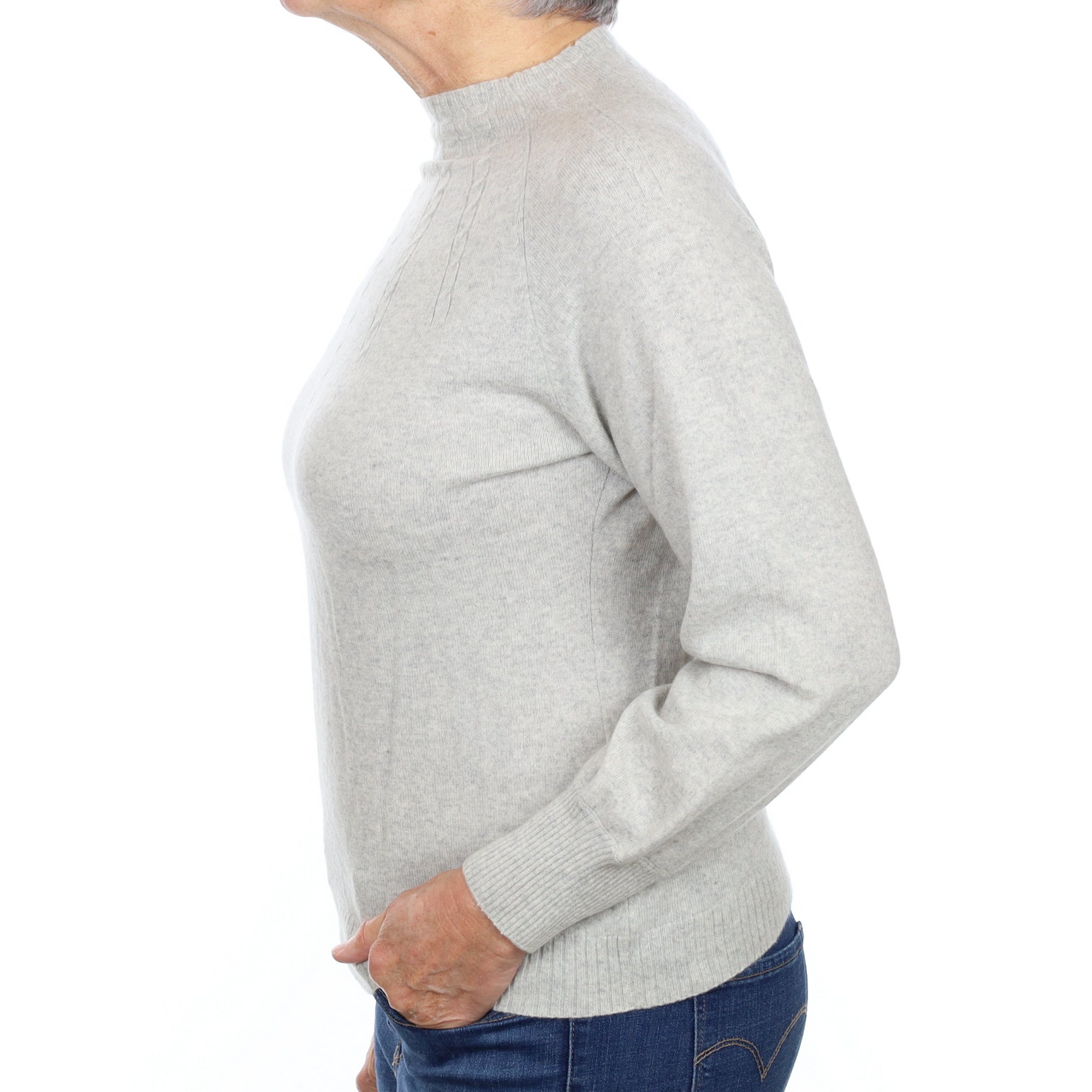 Mist Grey Cashmere Cable Yoke Turtle Neck Jumper Medium