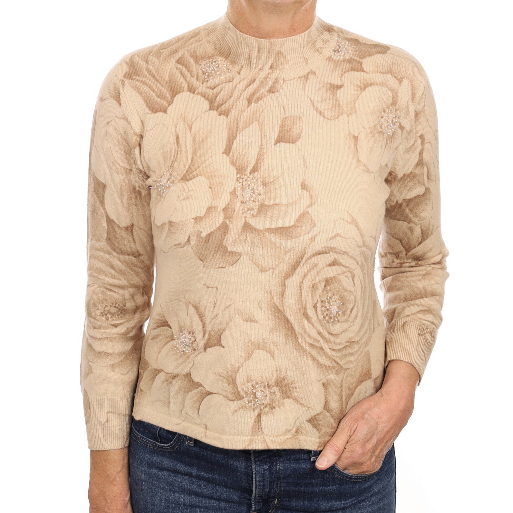 Beige Floral Cashmere Turtle Neck Jumper Medium