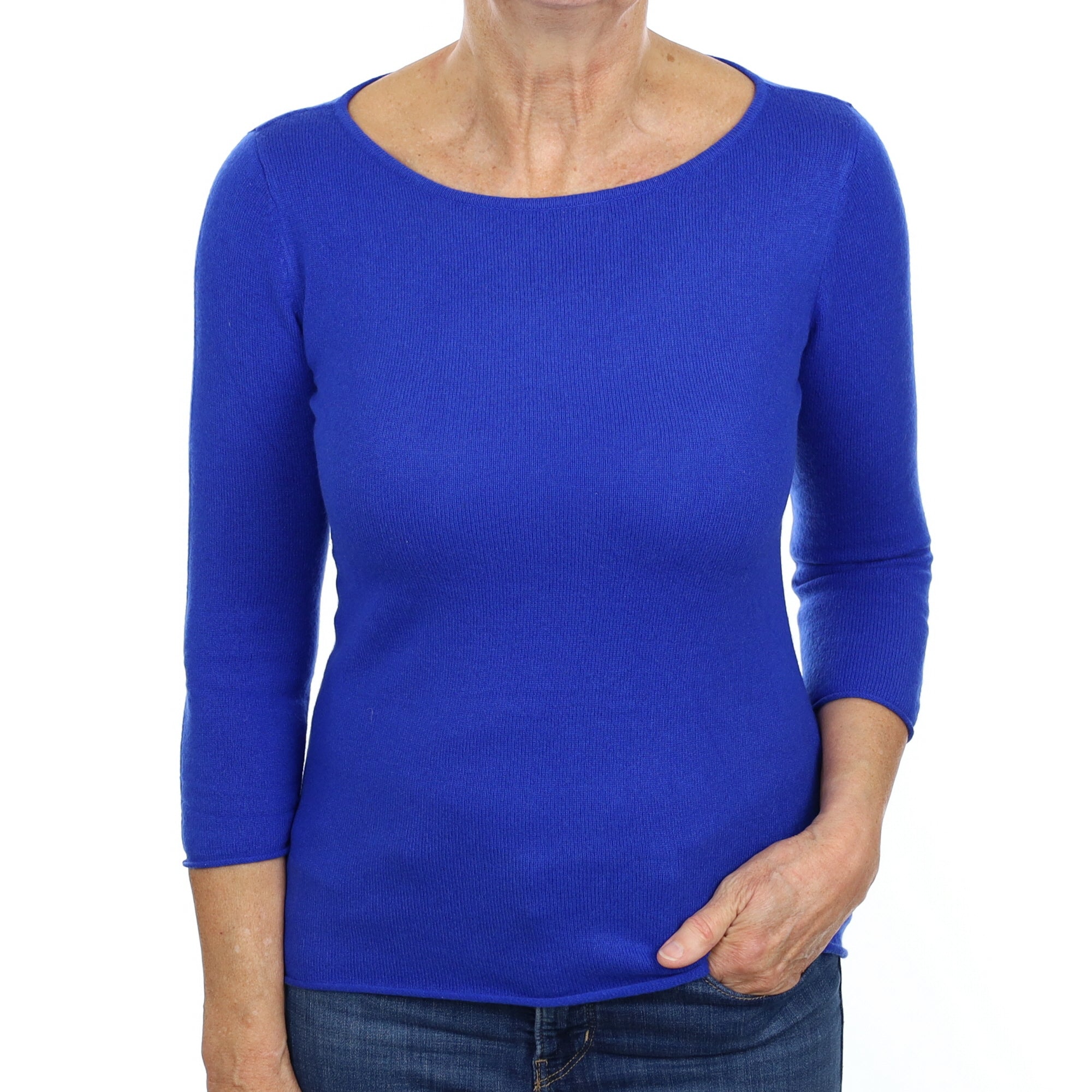 Electric Blue Cashmere 3/4 Sleeve Crew Neck Jumper Medium