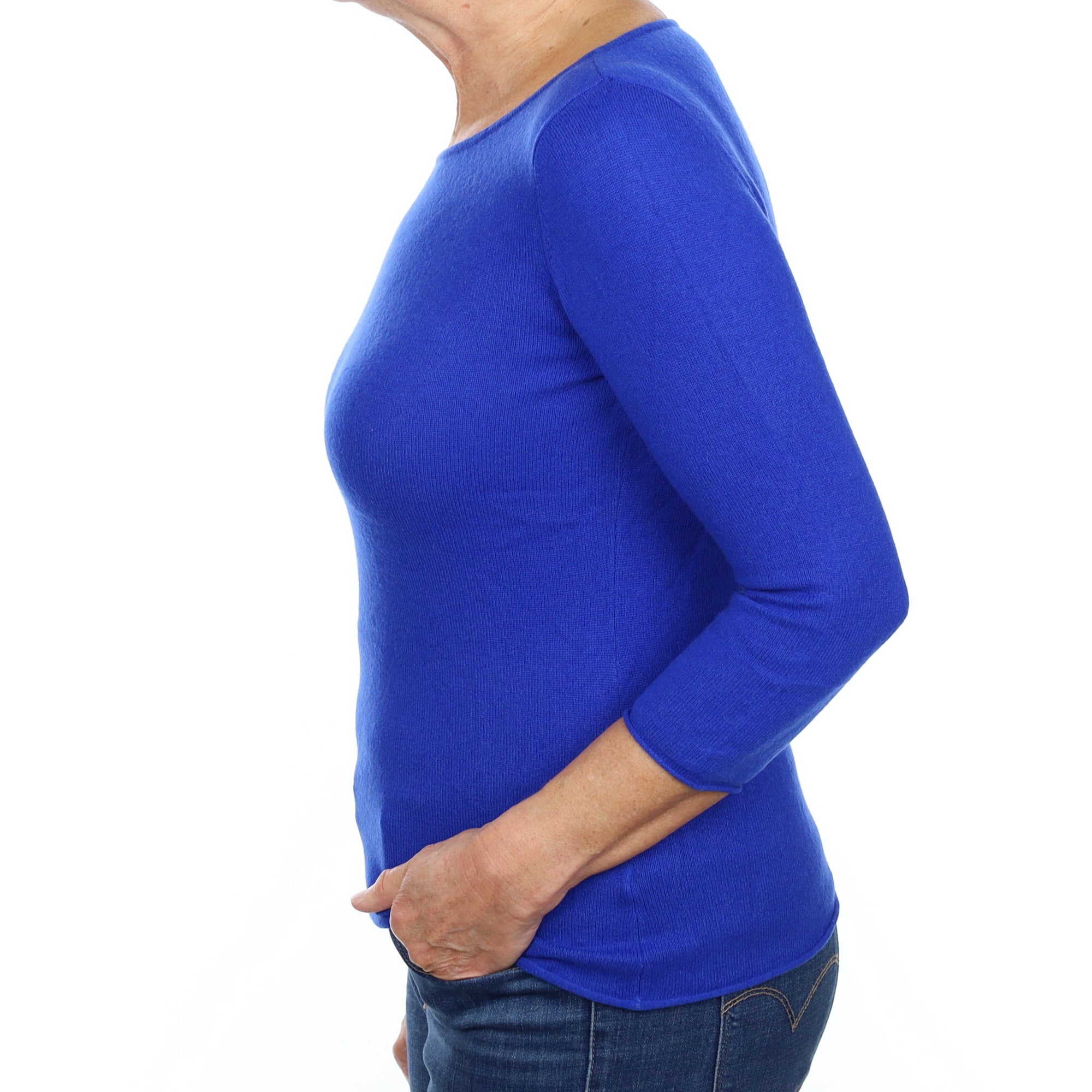 Electric Blue Cashmere 3/4 Sleeve Crew Neck Jumper Medium