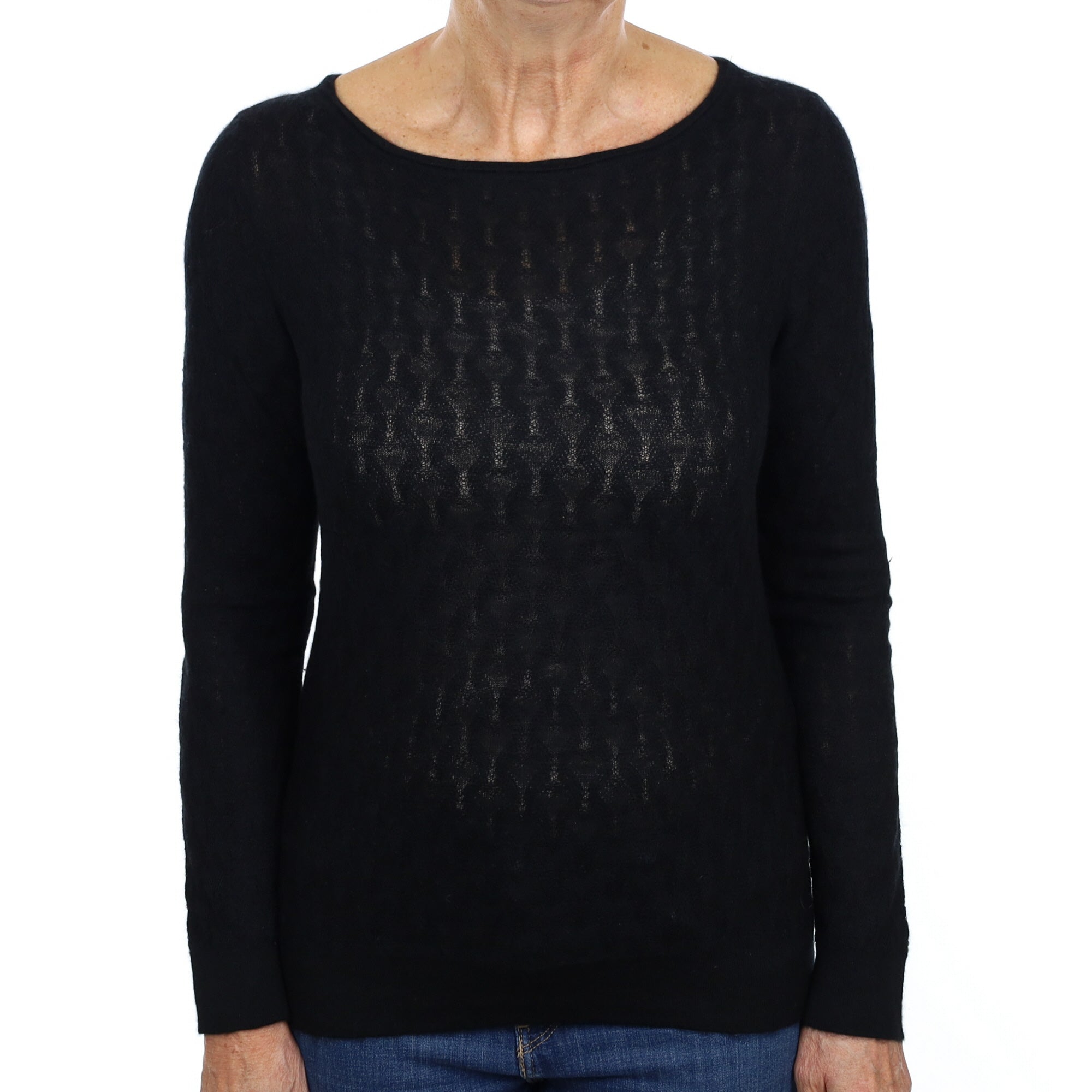 Black Lace Knit Cashmere Crew Neck Jumper Medium