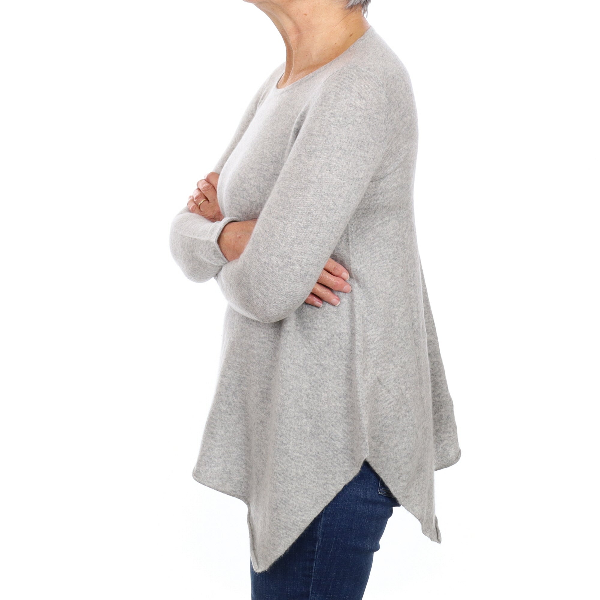 Smoke Grey Cashmere Handkerchief Hem Crew Neck Jumper Medium