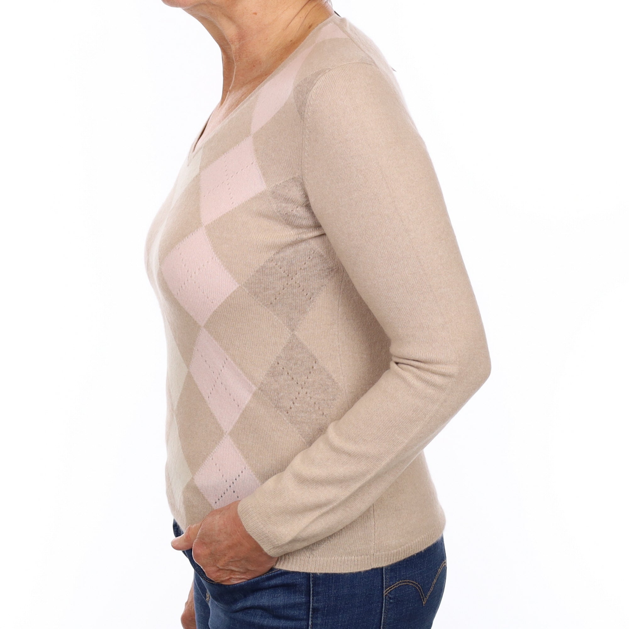 Beige & Pale Pink Diamond Cashmere V Neck Jumper Medium