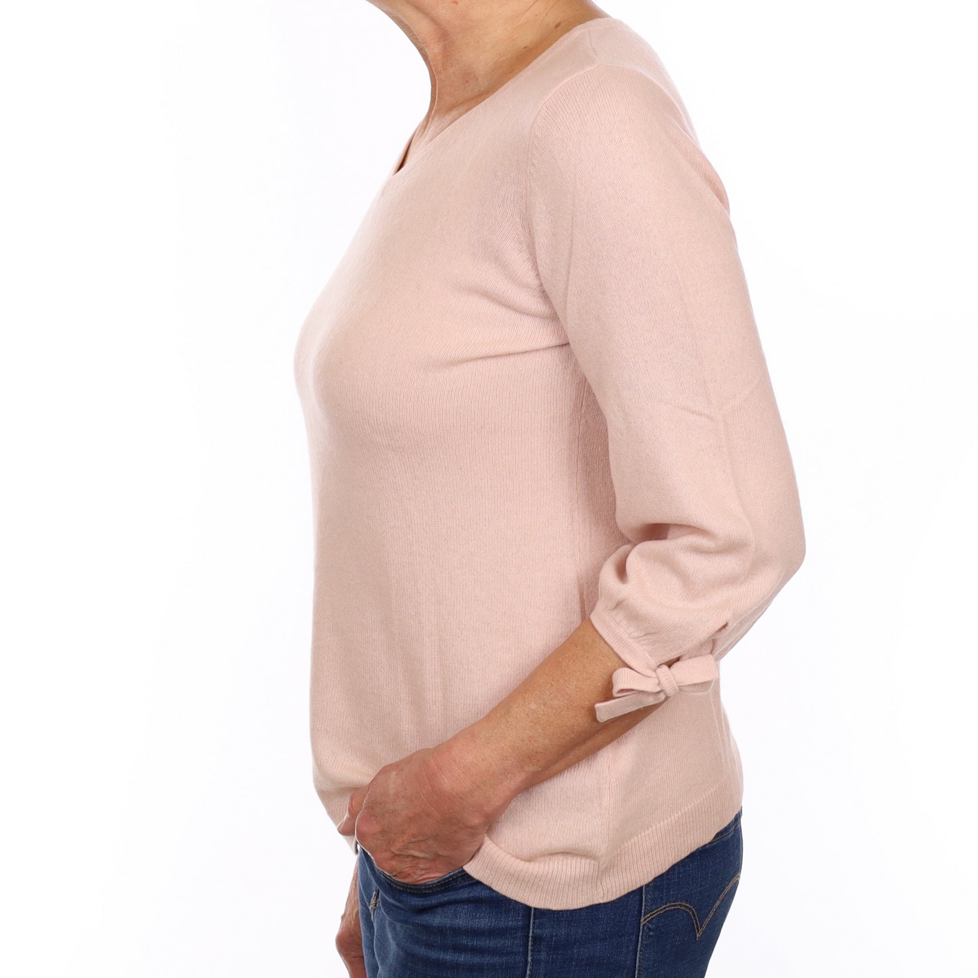 Shell Pink Cashmere Feature Sleeve V Neck Jumper Medium