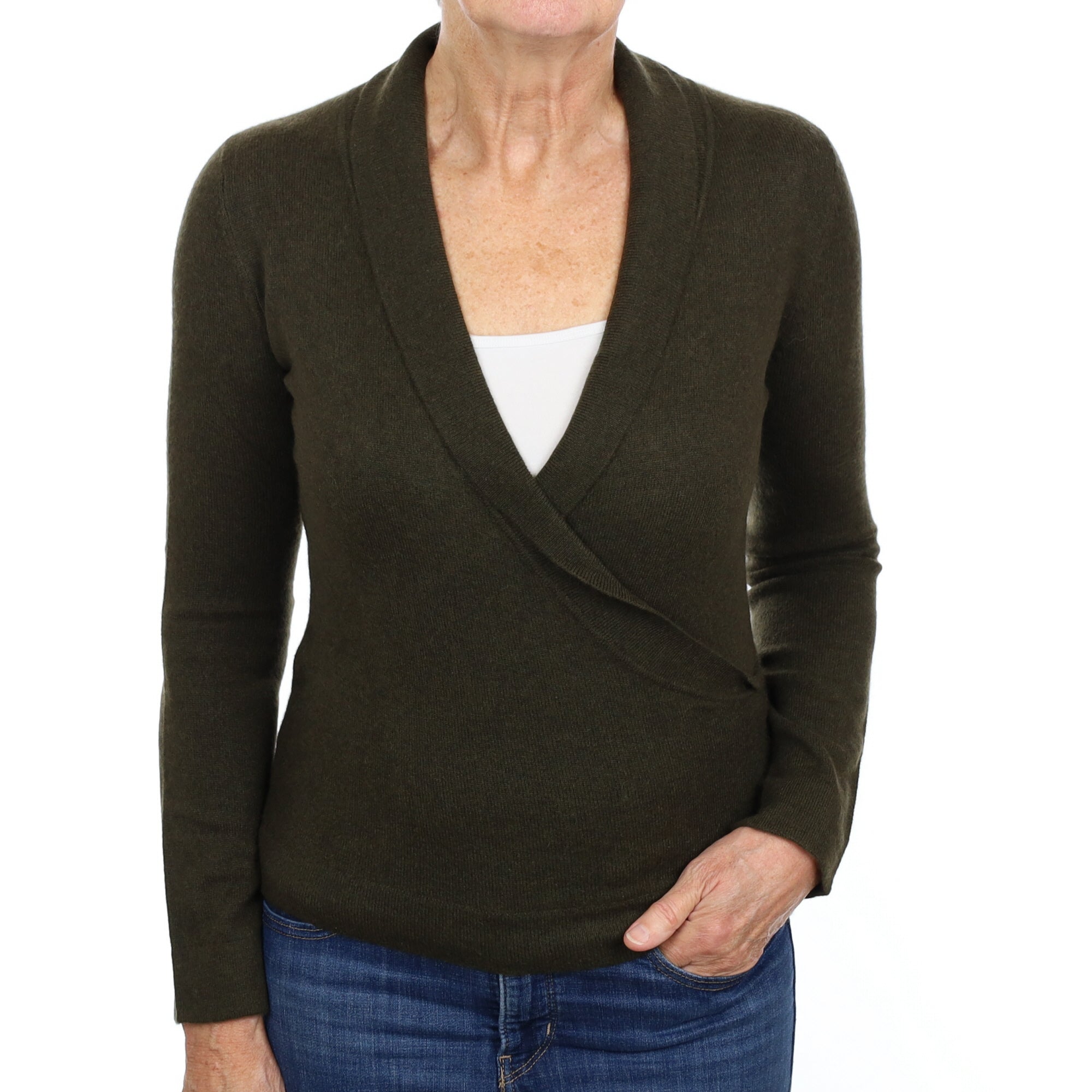 Deep Khaki Green Cashmere Cross Over V Neck Jumper Medium