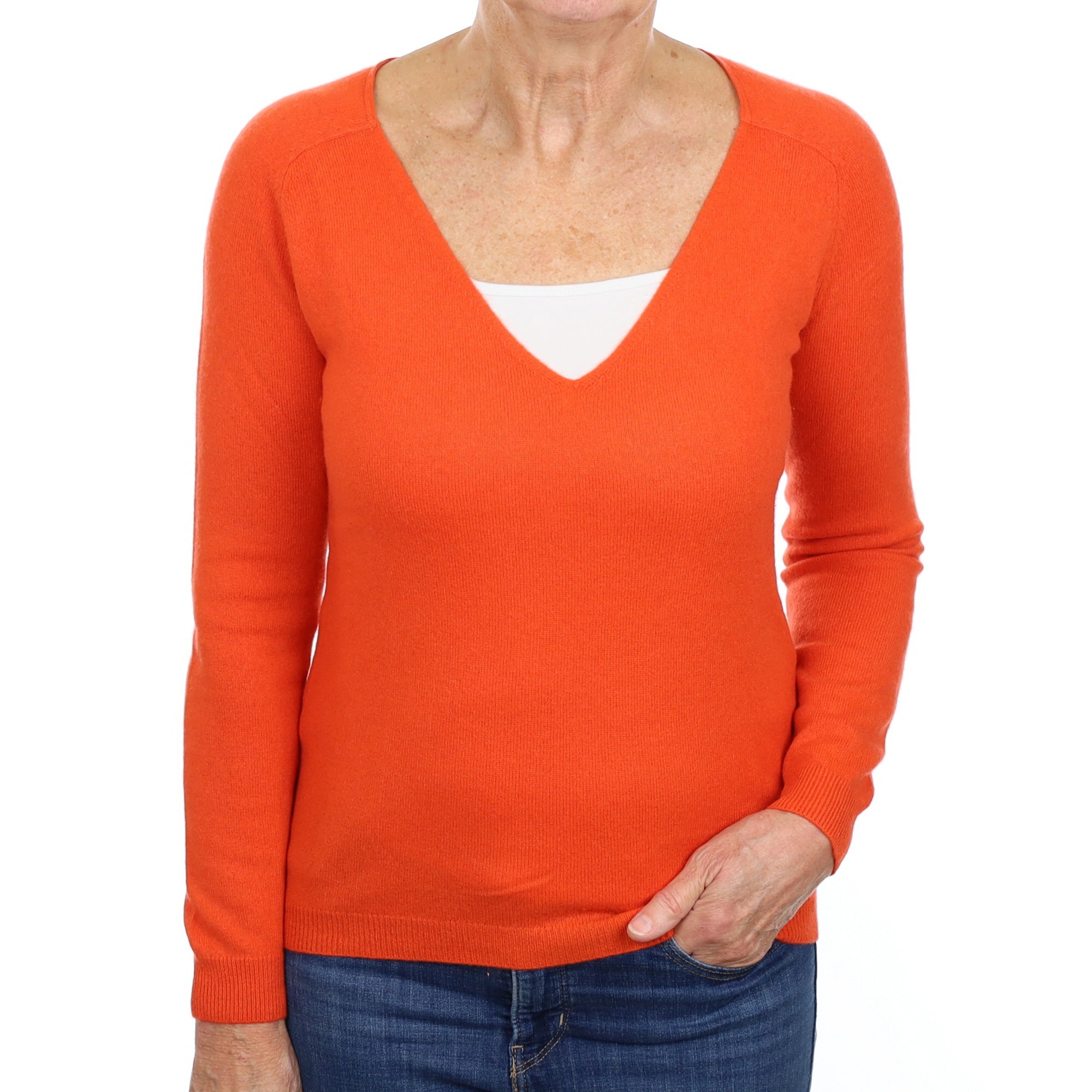 Tangerine Orange Cashmere V Neck Jumper Medium