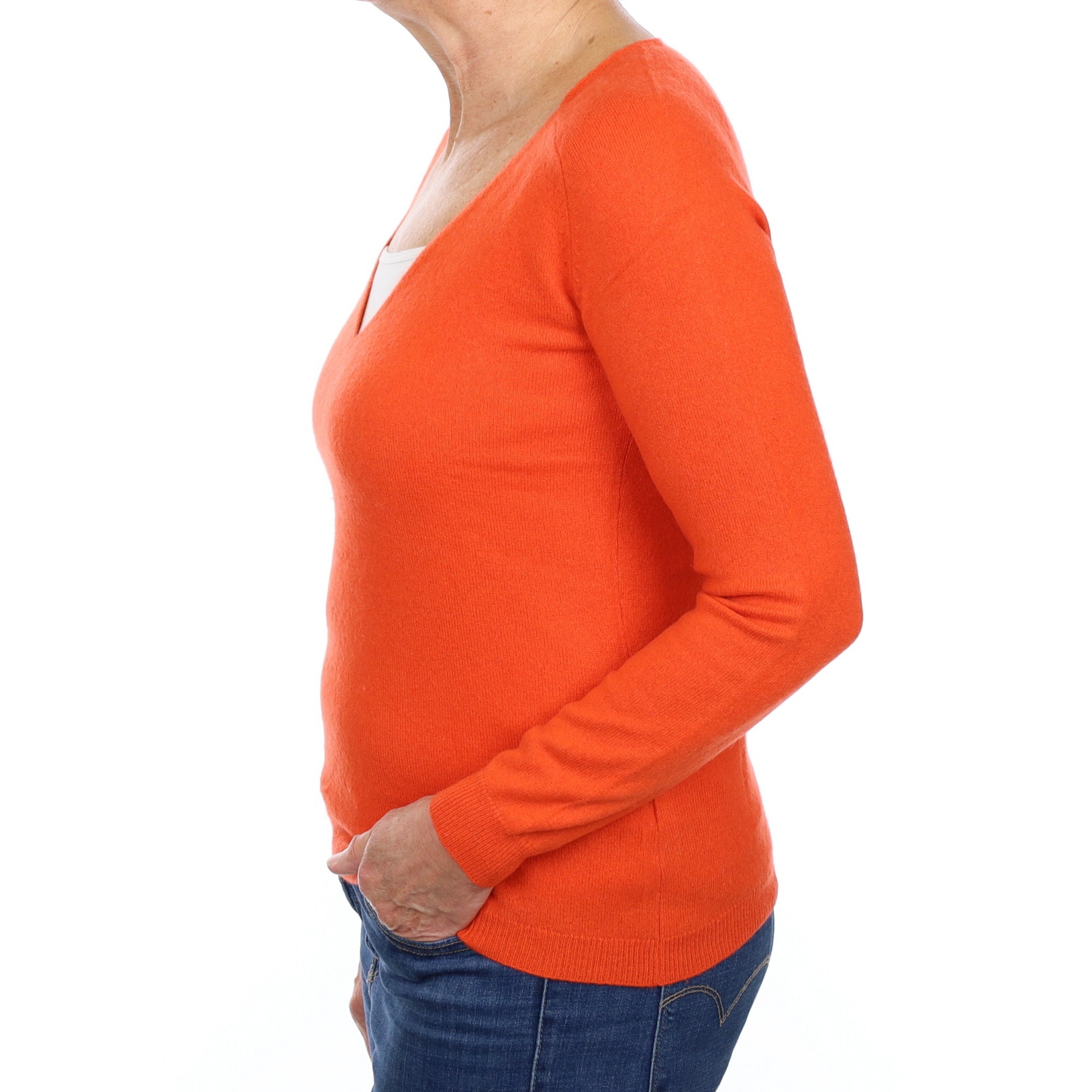 Tangerine Orange Cashmere V Neck Jumper Medium