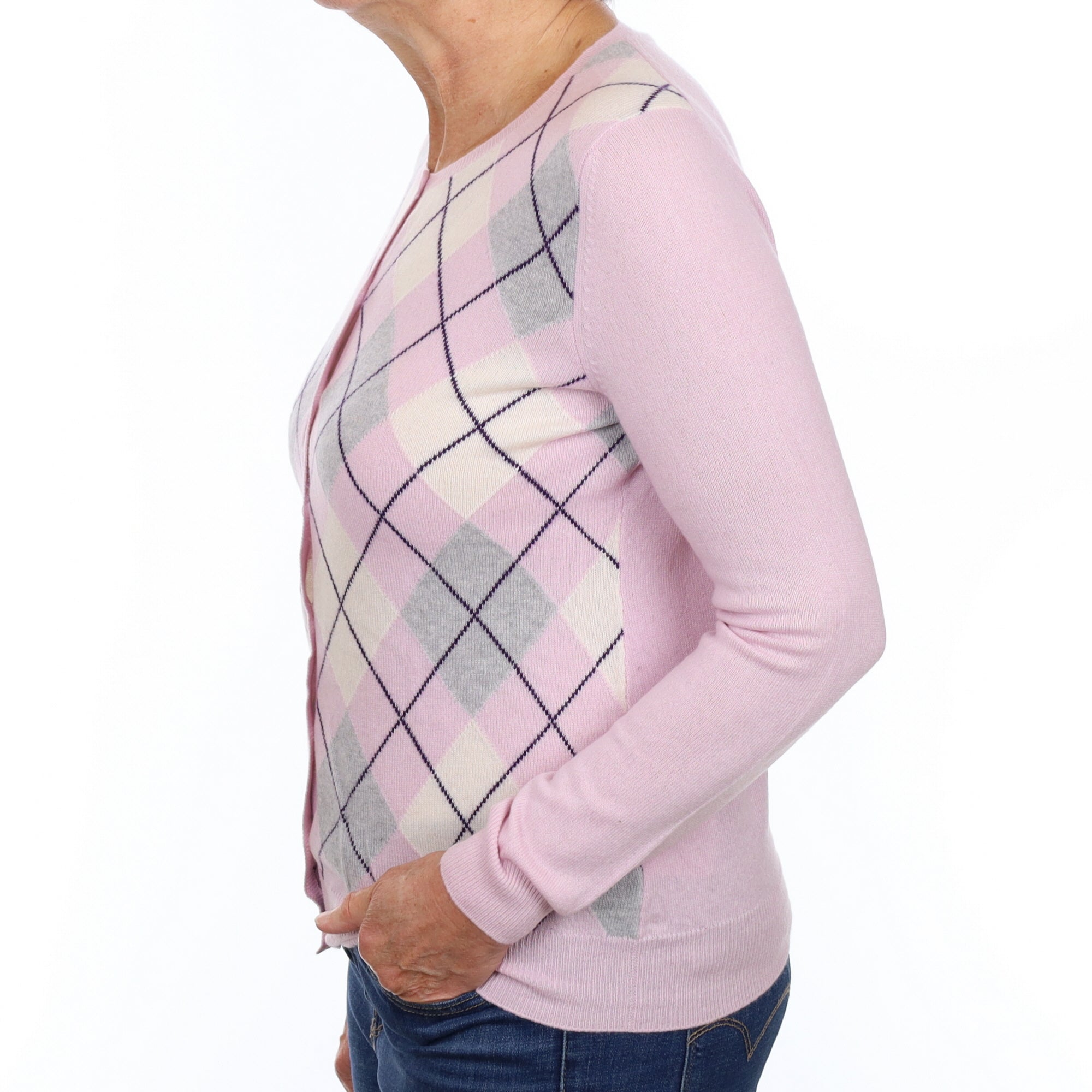Mauve Argyle Cashmere Crew Neck Cardigan Medium