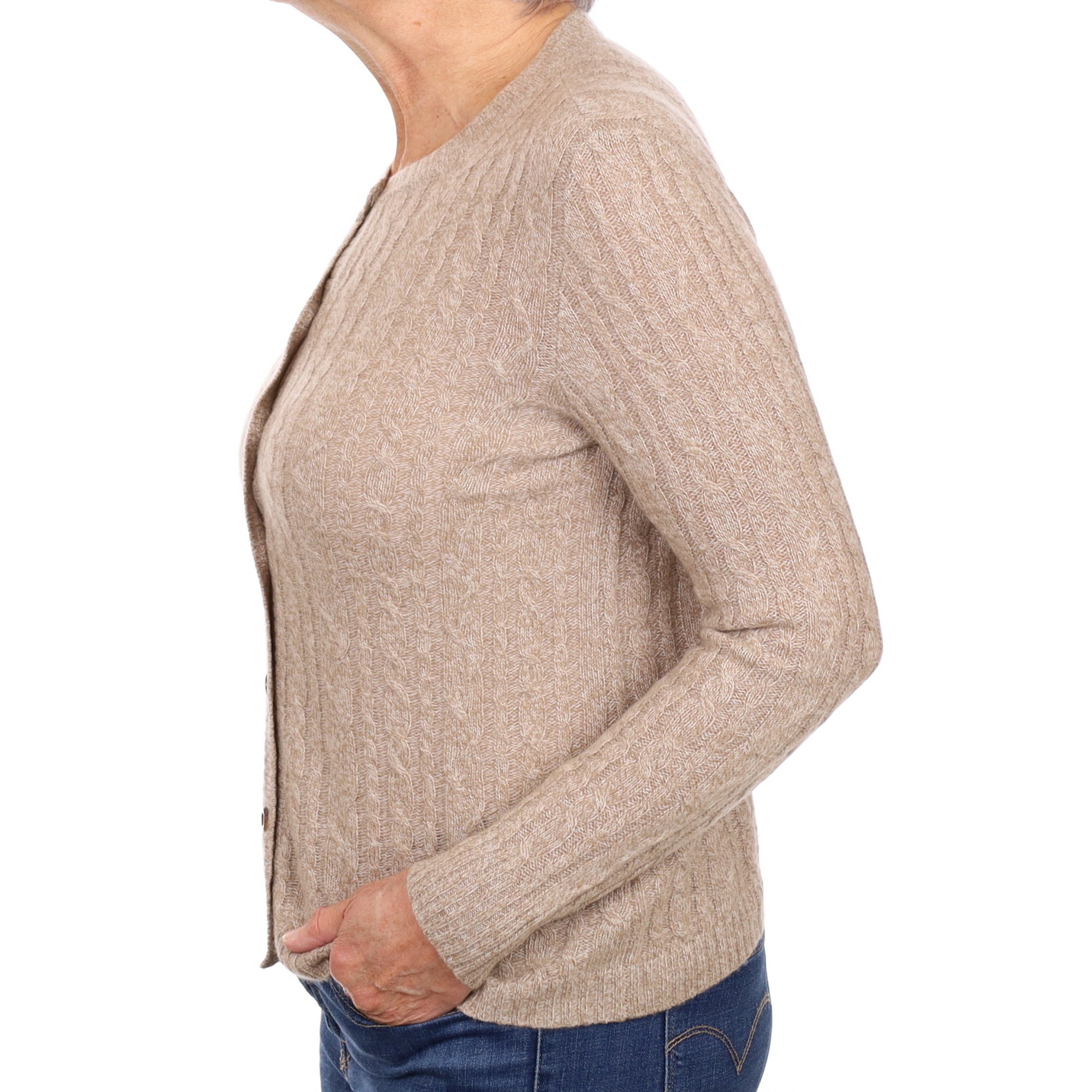Fawn Marl Cable Cashmere Crew Neck Cardigan Medium
