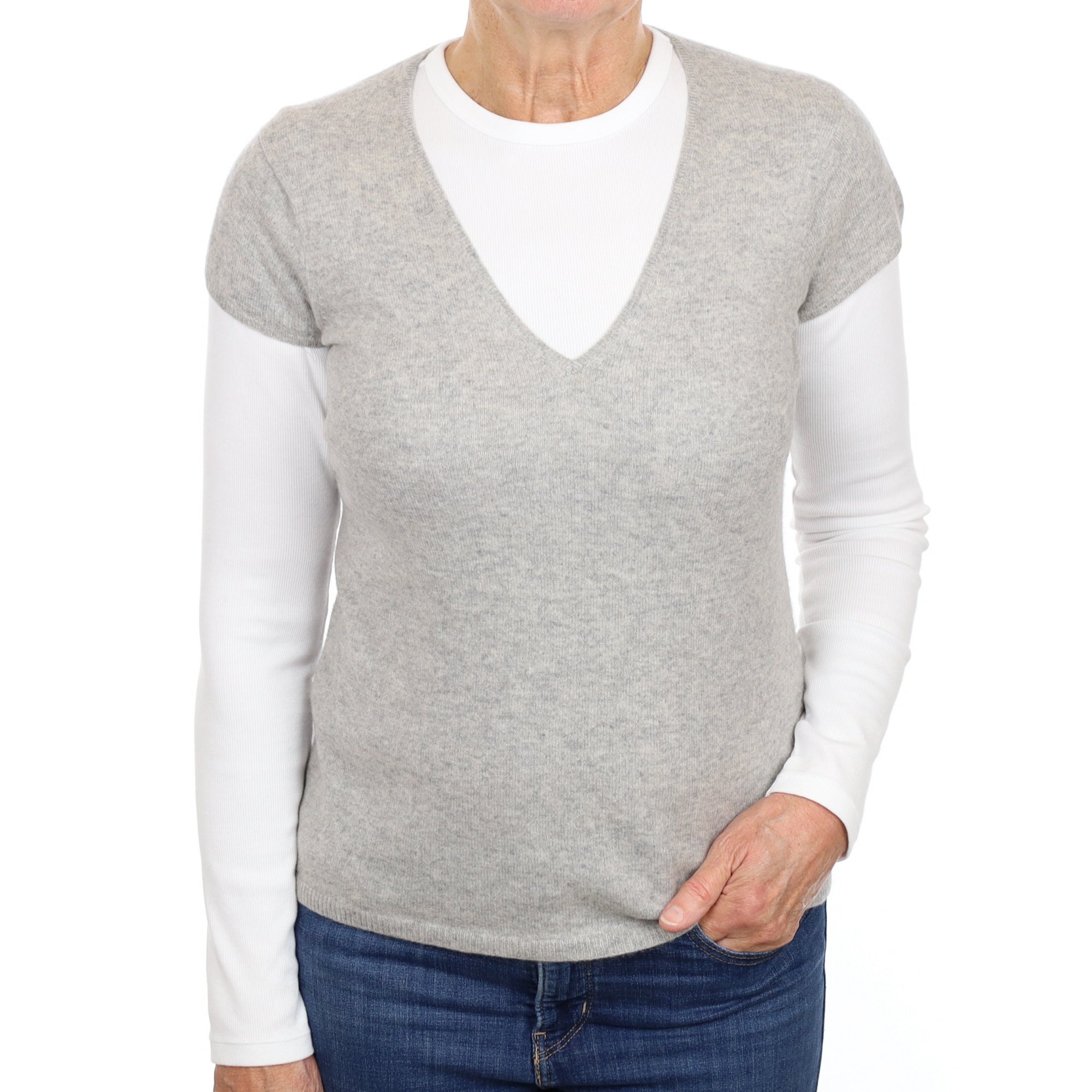 Smoke Grey Cashmere Capped Sleeve V Neck Jumper Medium