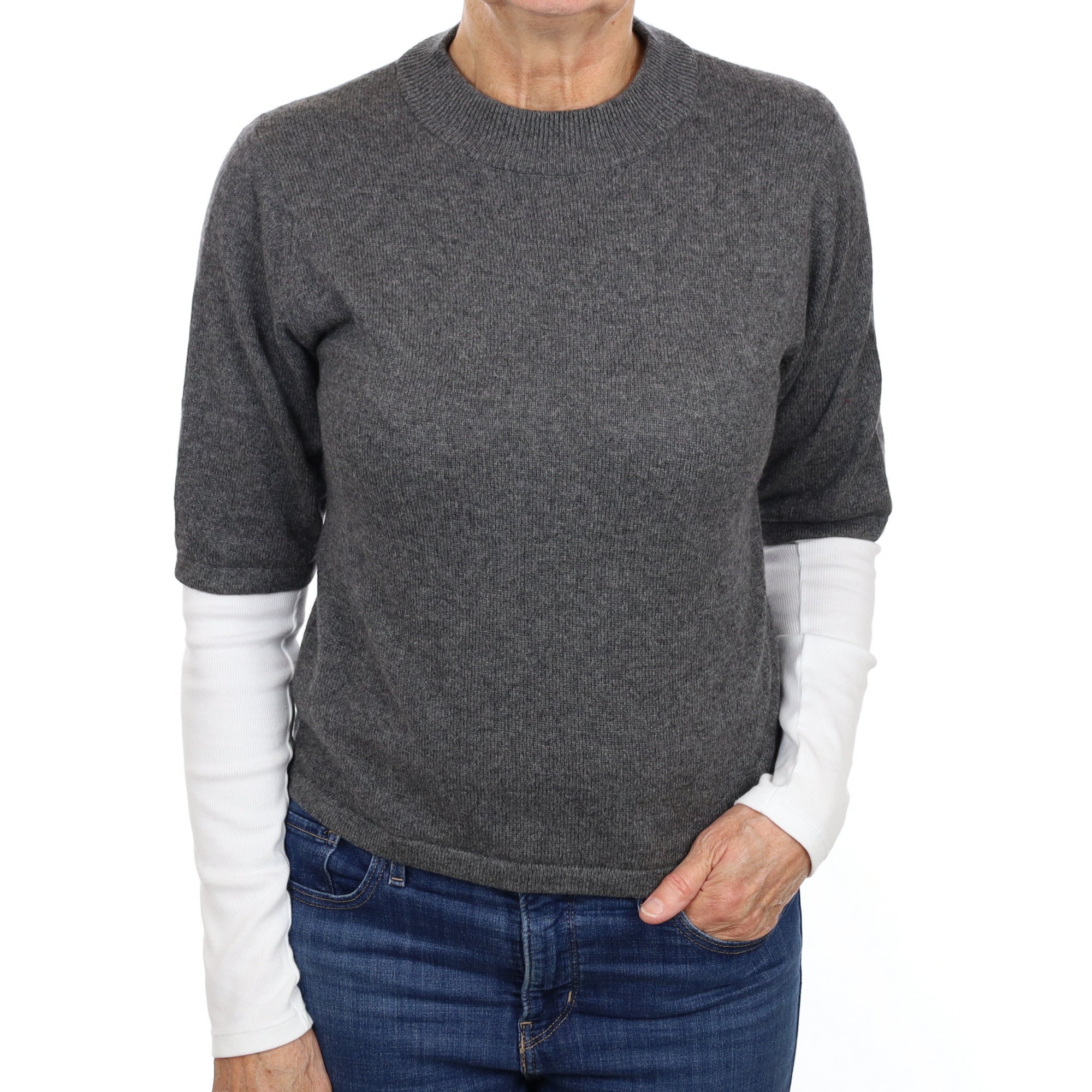 Slate Grey Cashmere Short Sleeve Turtle Neck Jumper Medium