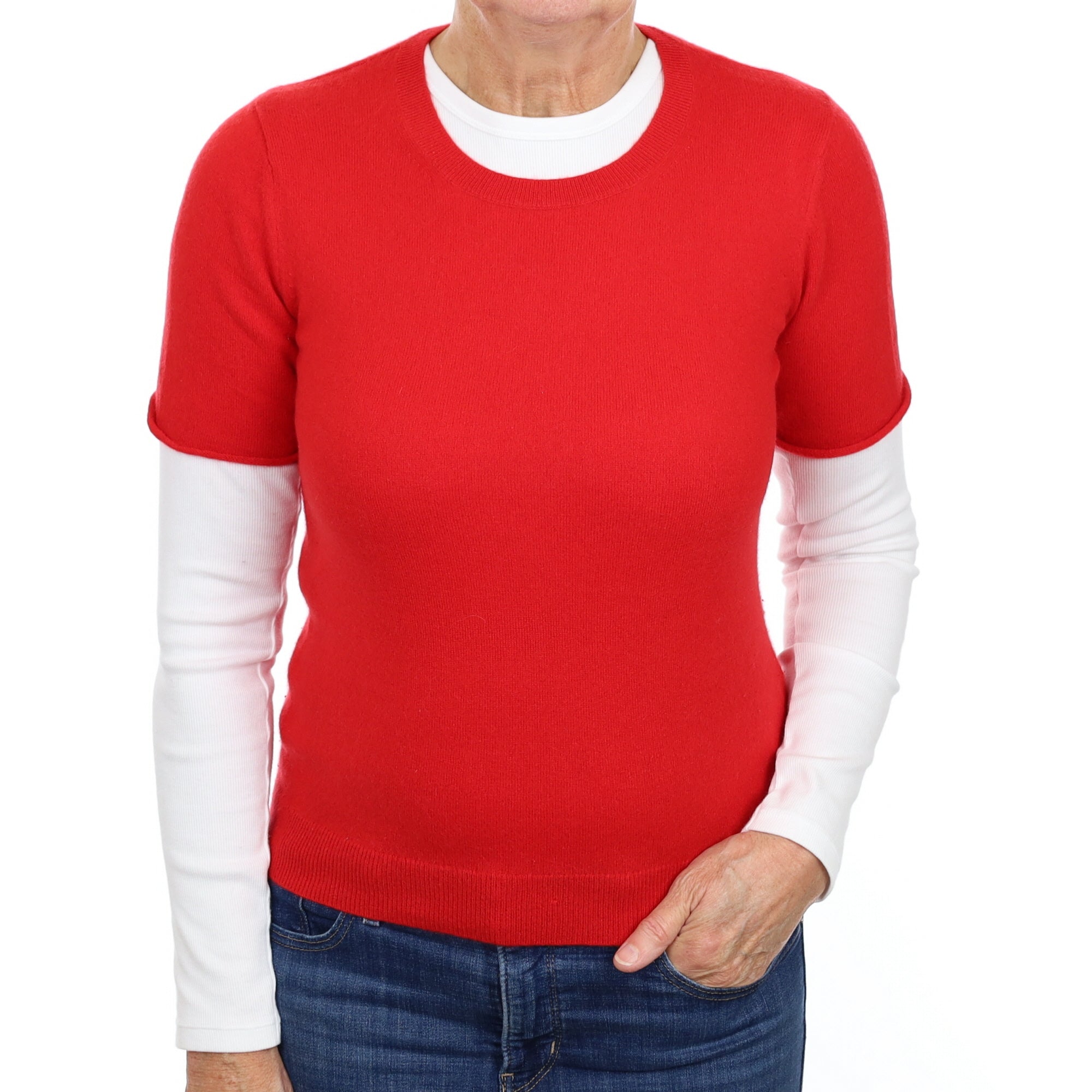 Post Box Red Cashmere Short Sleeve Crew Neck Jumper Medium