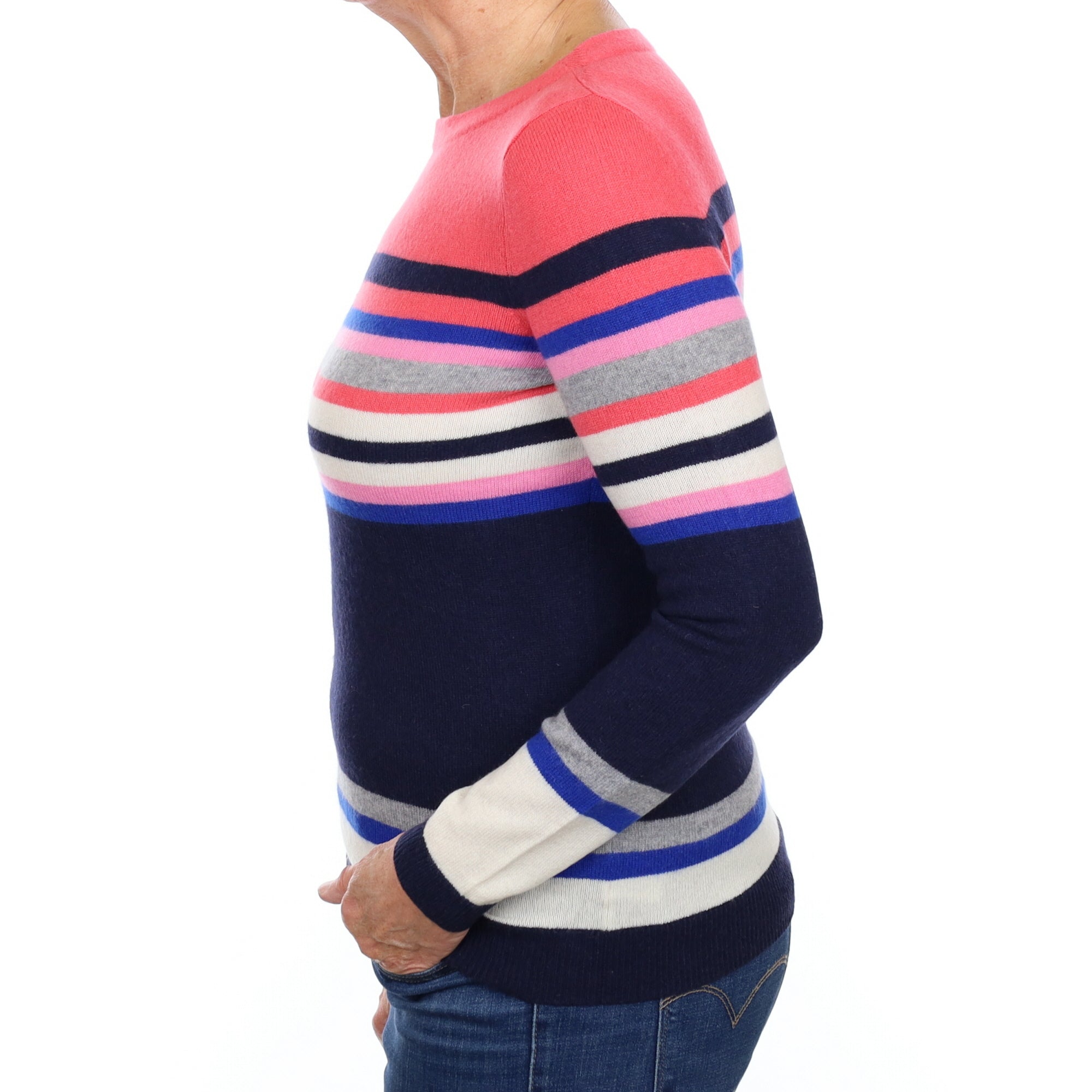 Strawberry Pink and Navy Stripe Cashmere Crew Neck Jumper Medium