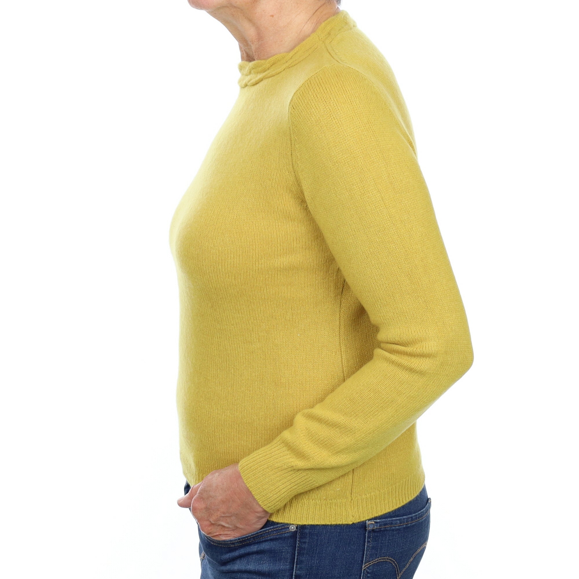 Mustard Yellow Cashmere Cable Trim Crew Neck Jumper Medium