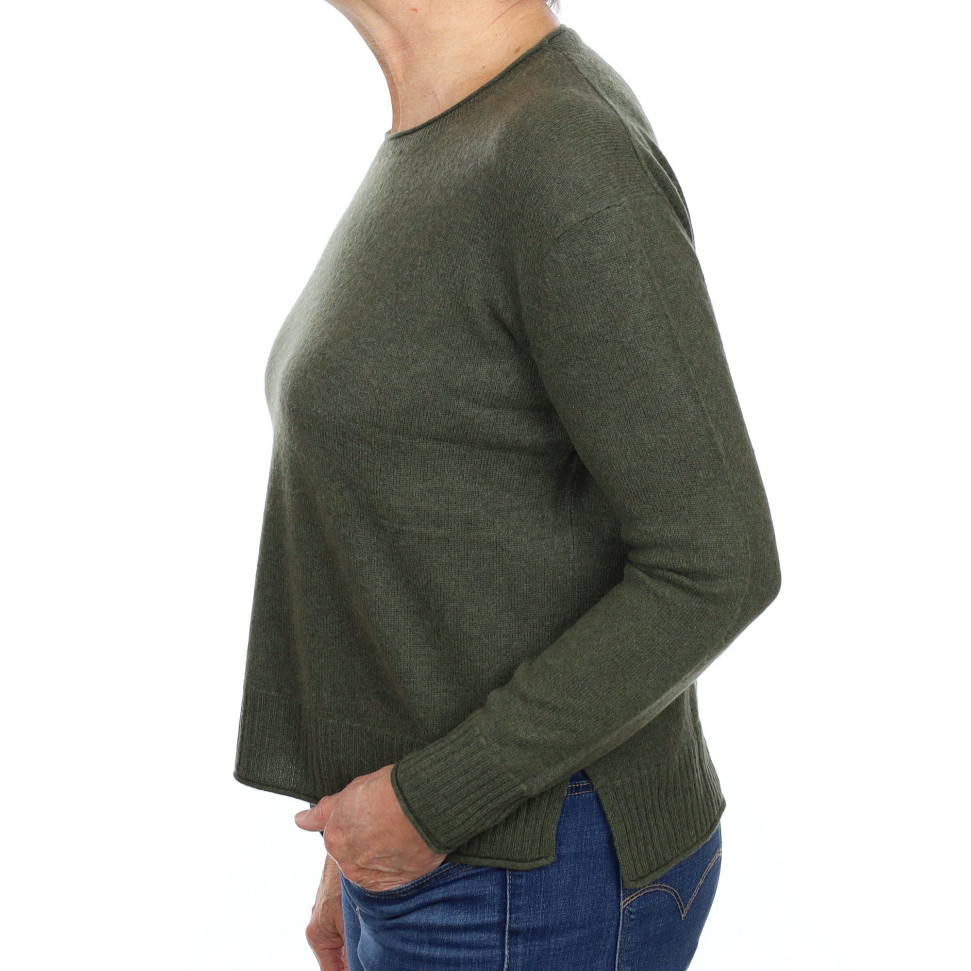 Deep Khaki Green Cashmere Crew Neck Jumper Medium