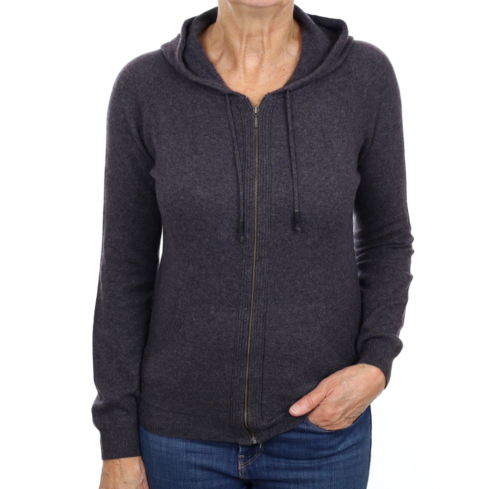 Slate Grey Cashmere Zip Up Hoodie with Pockets Medium