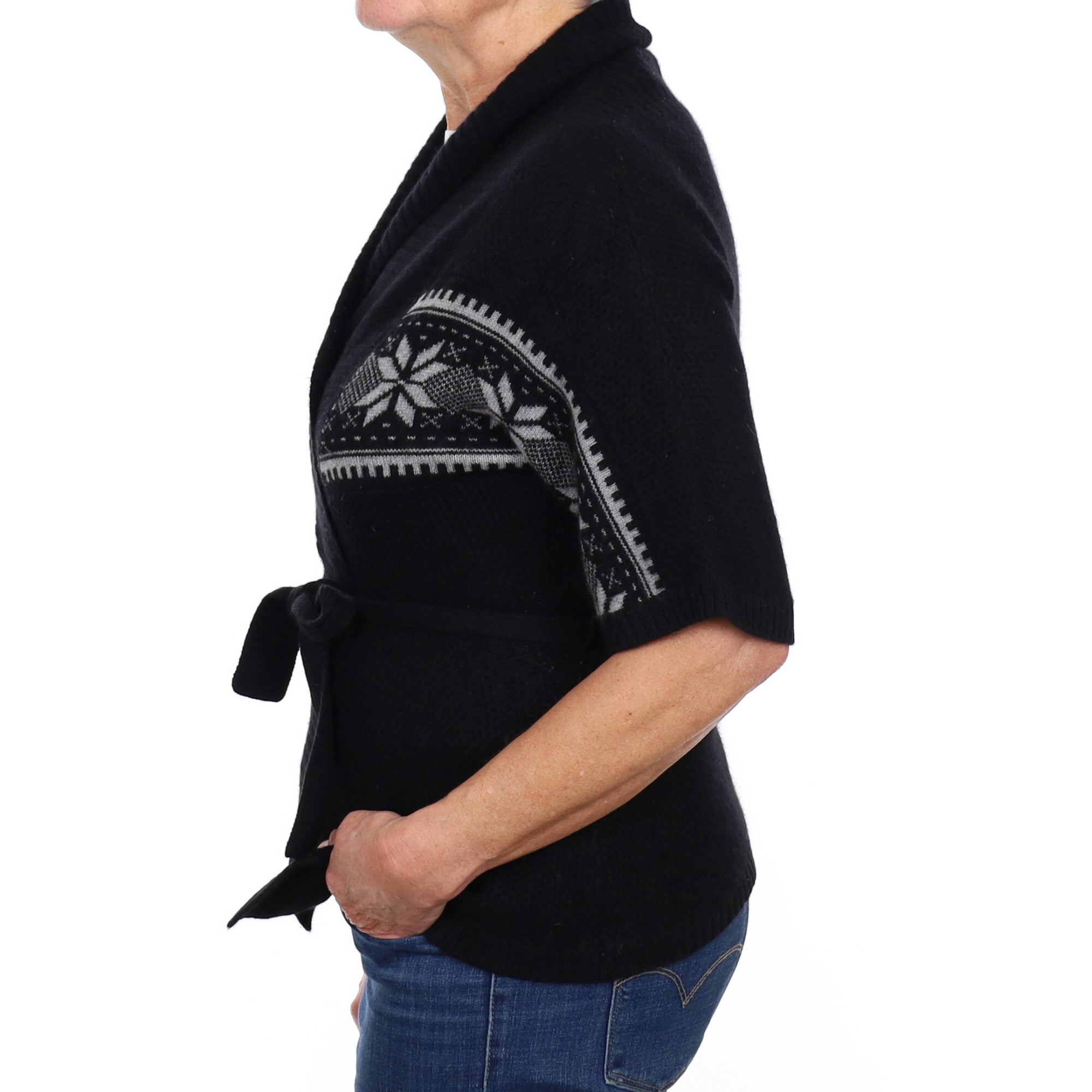 Black Fair Isle Cashmere Batwing Belted Cardigan Medium