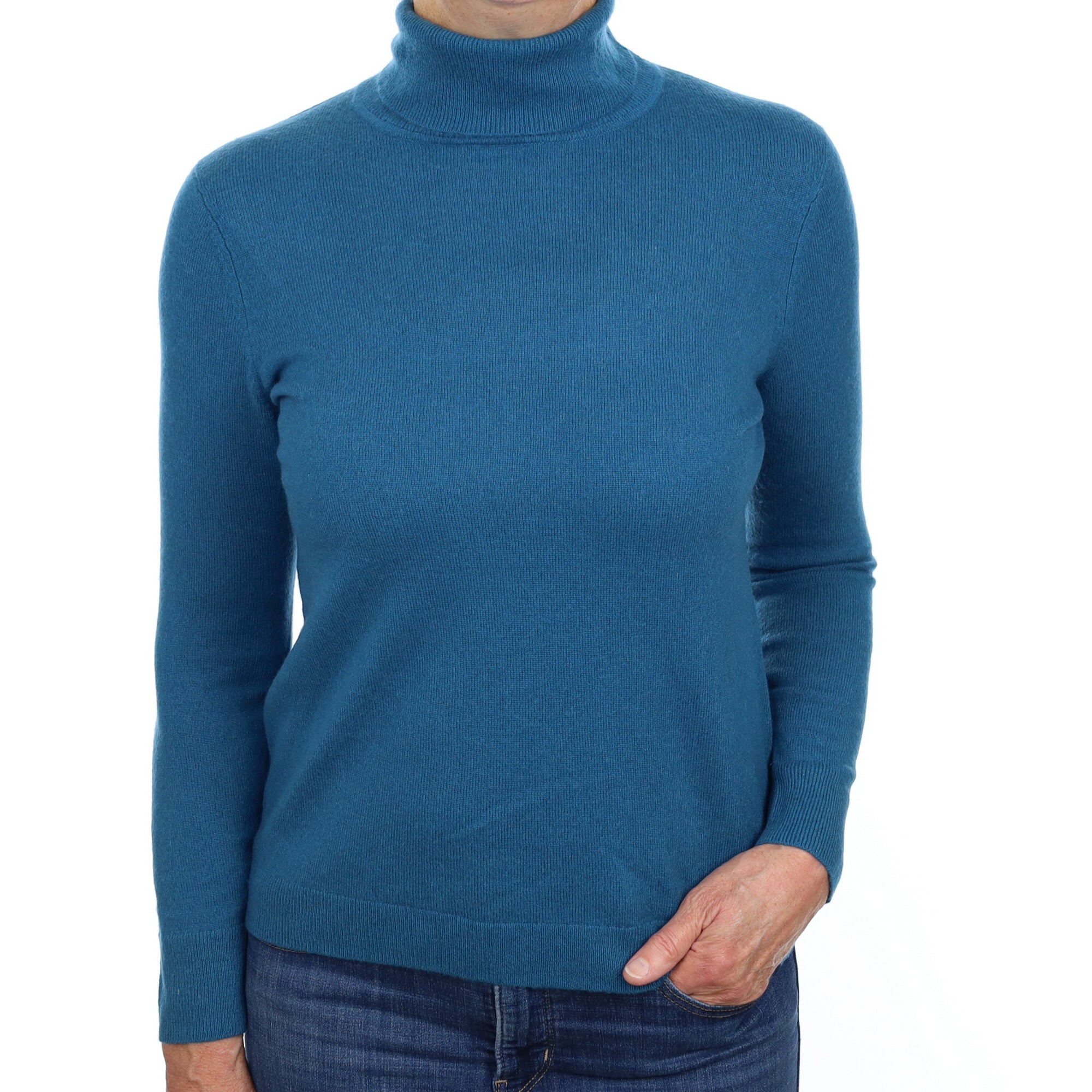 Teal Blue Cashmere Polo Neck Jumper Medium