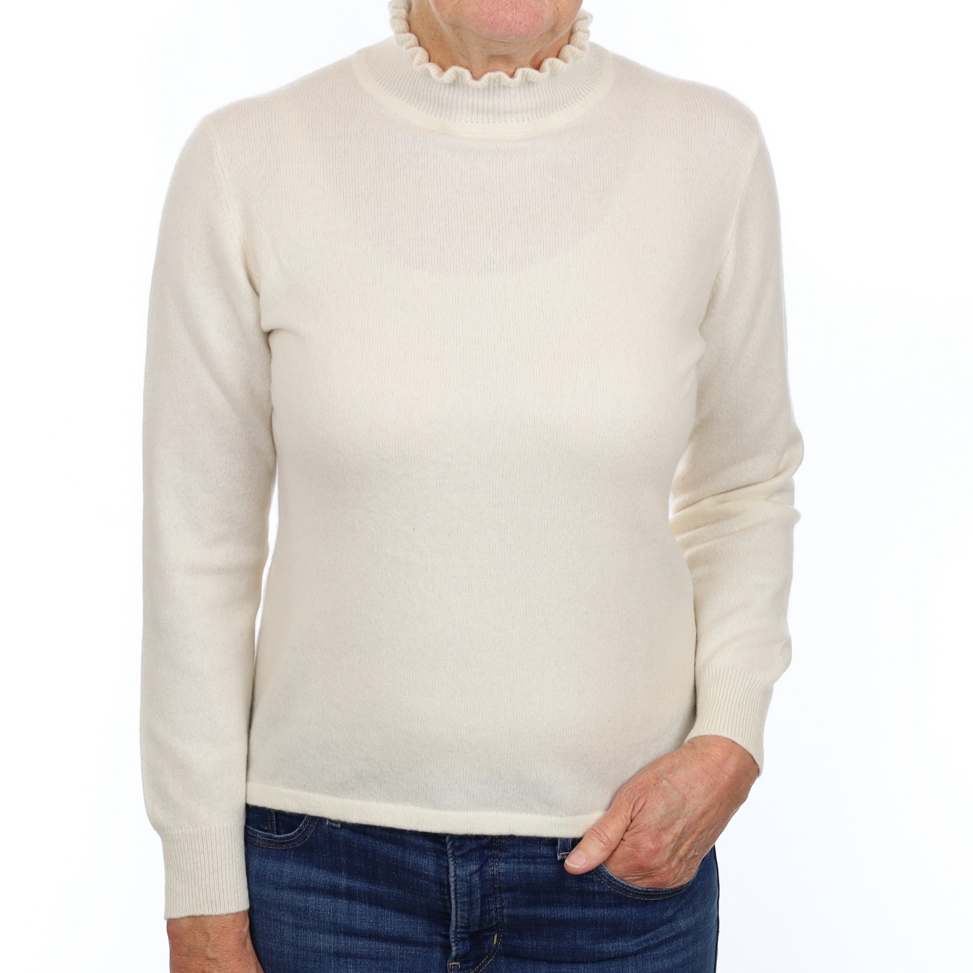 Vanilla Cream Cashmere Ruffle Turtle Neck Jumper Medium