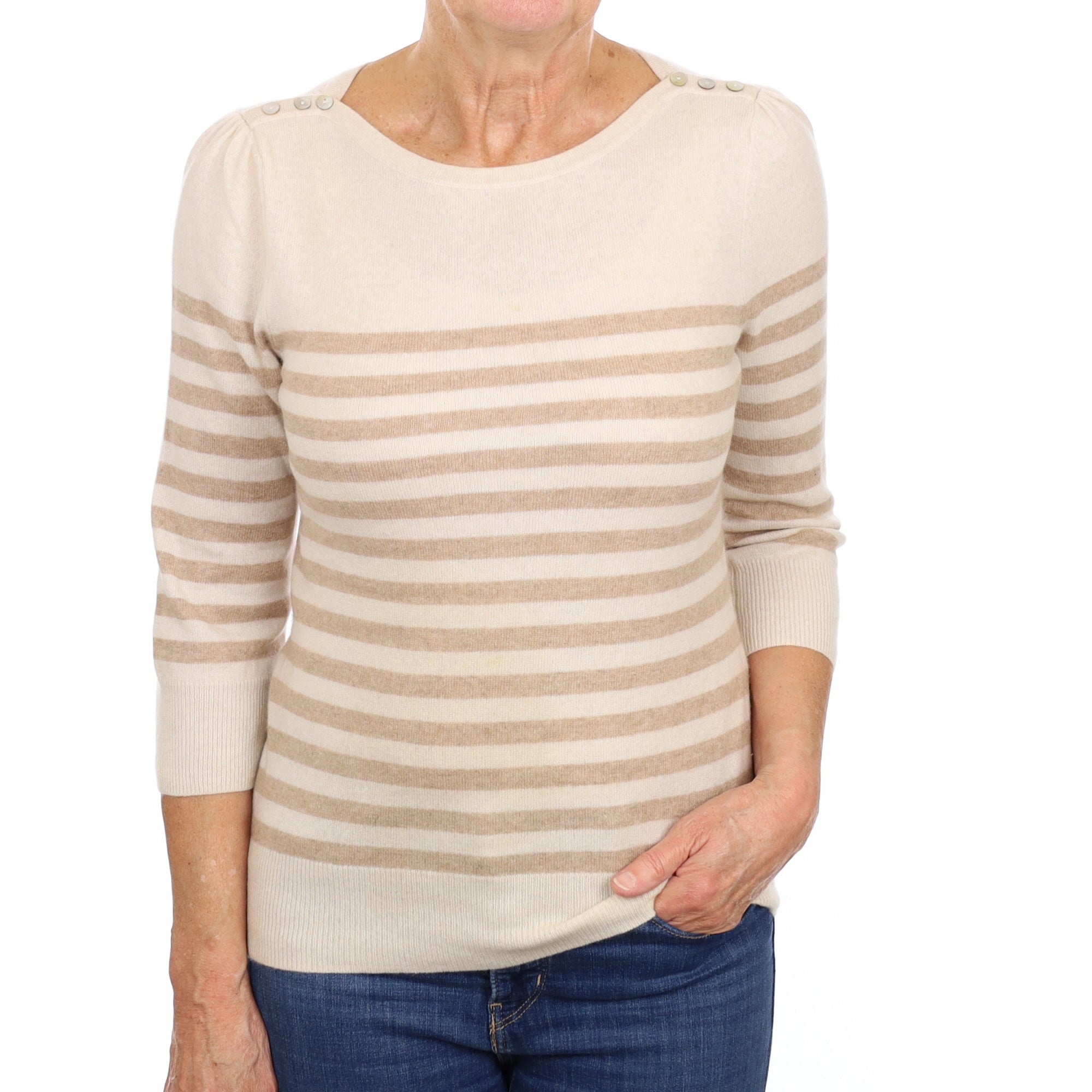 Oatmeal and Fudge Stripe Cashmere Boat Neck Jumper Medium