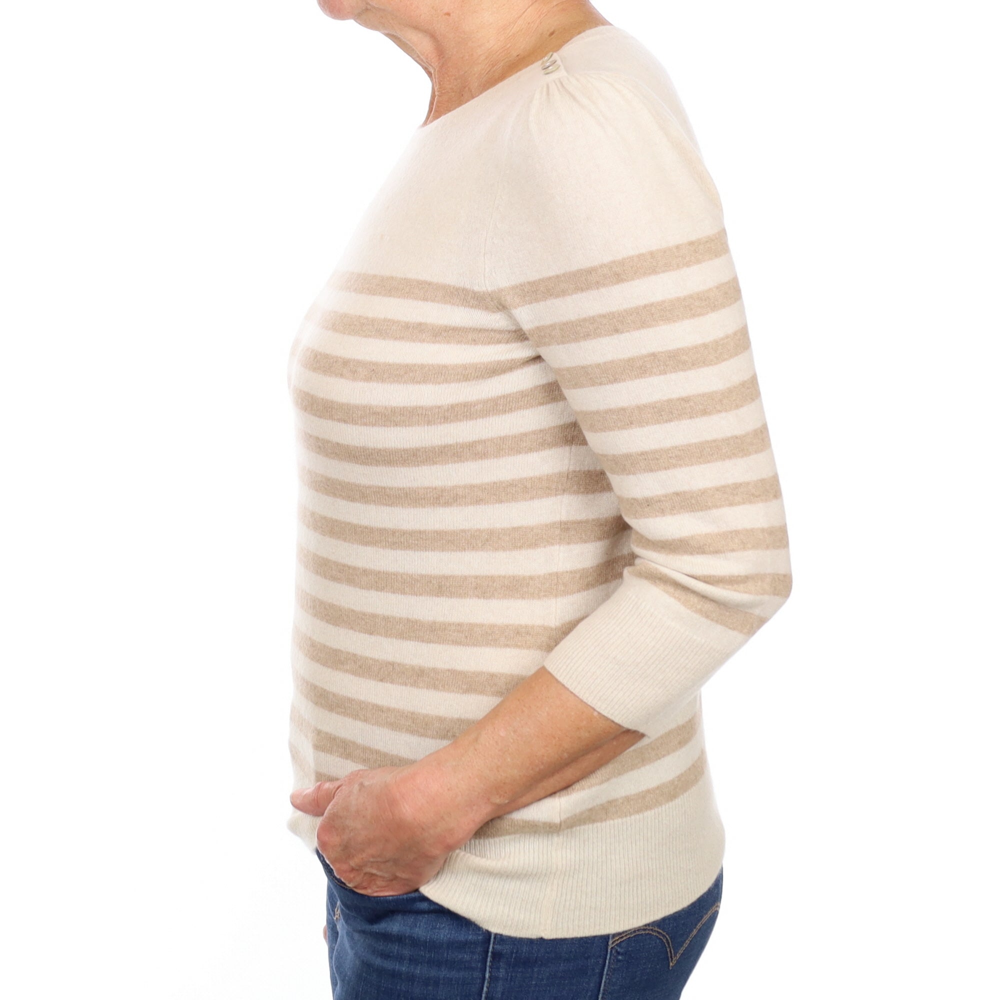 Oatmeal and Fudge Stripe Cashmere Boat Neck Jumper Medium