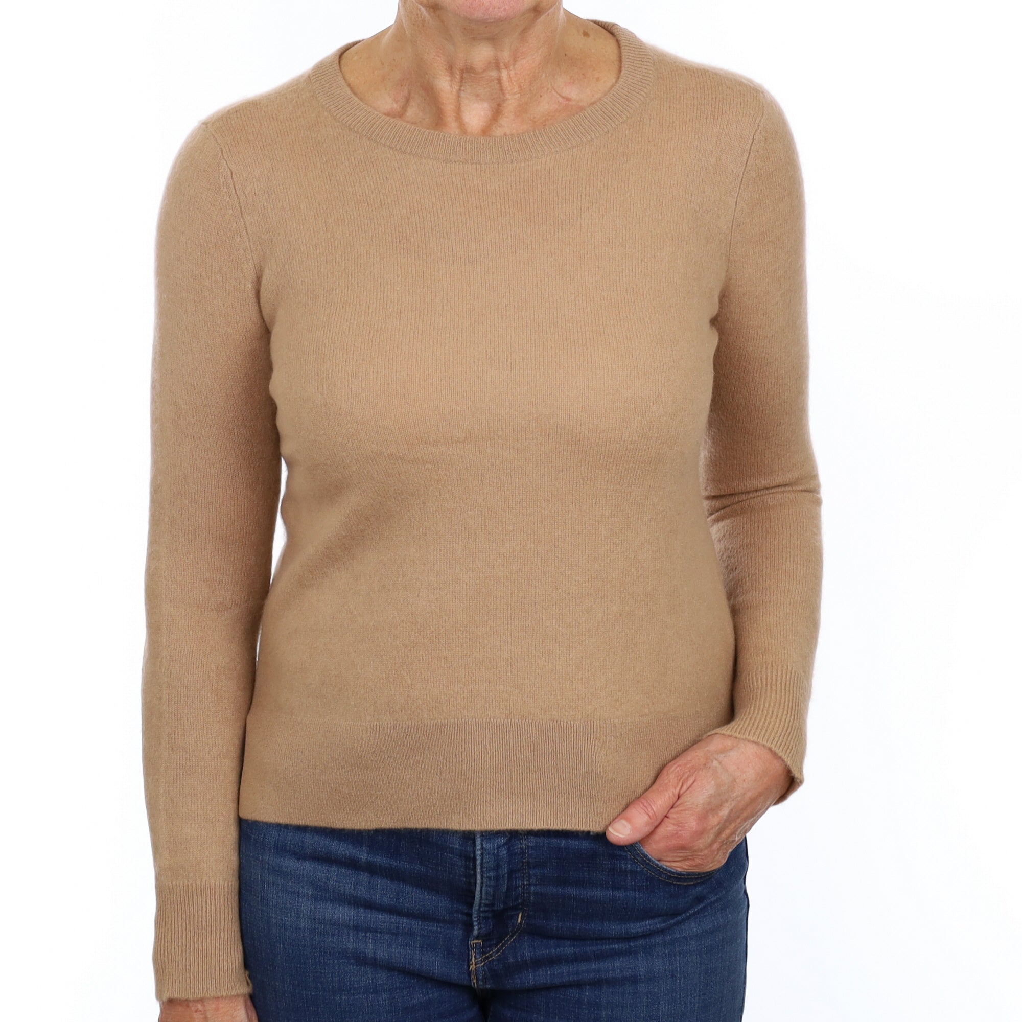 Camel Brown Cashmere Crew Neck Jumper Medium