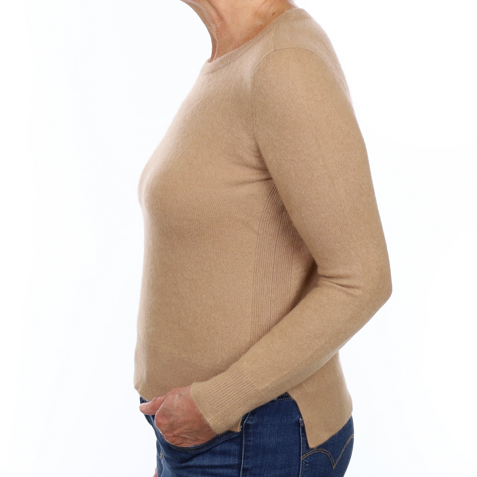 Camel Brown Cashmere Crew Neck Jumper Medium