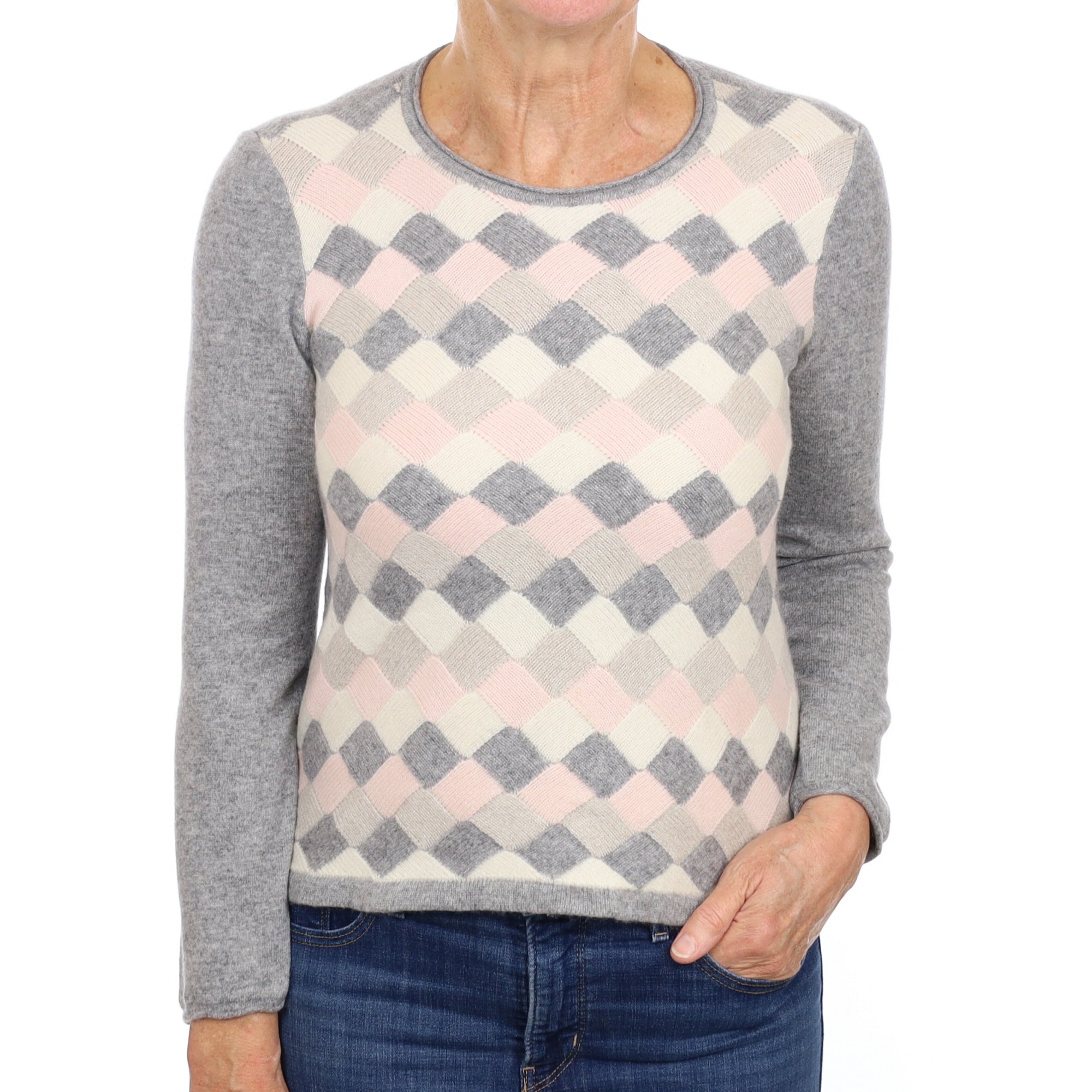 Grey and Pink Basket Weave Cashmere Crew Neck Jumper Medium