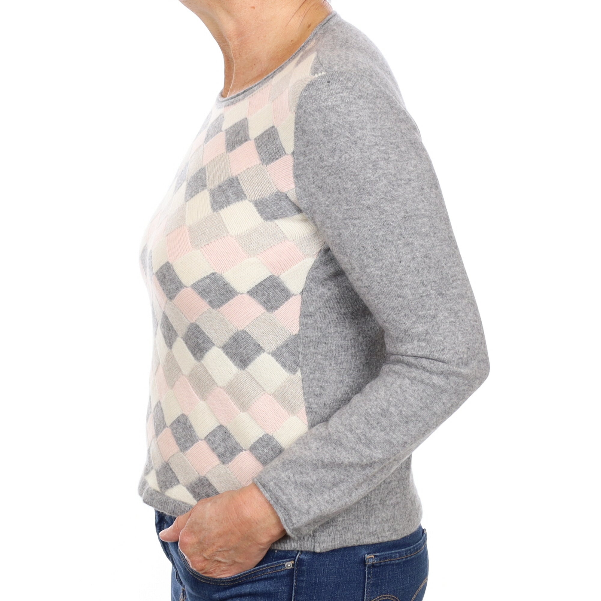 Grey and Pink Basket Weave Cashmere Crew Neck Jumper Medium