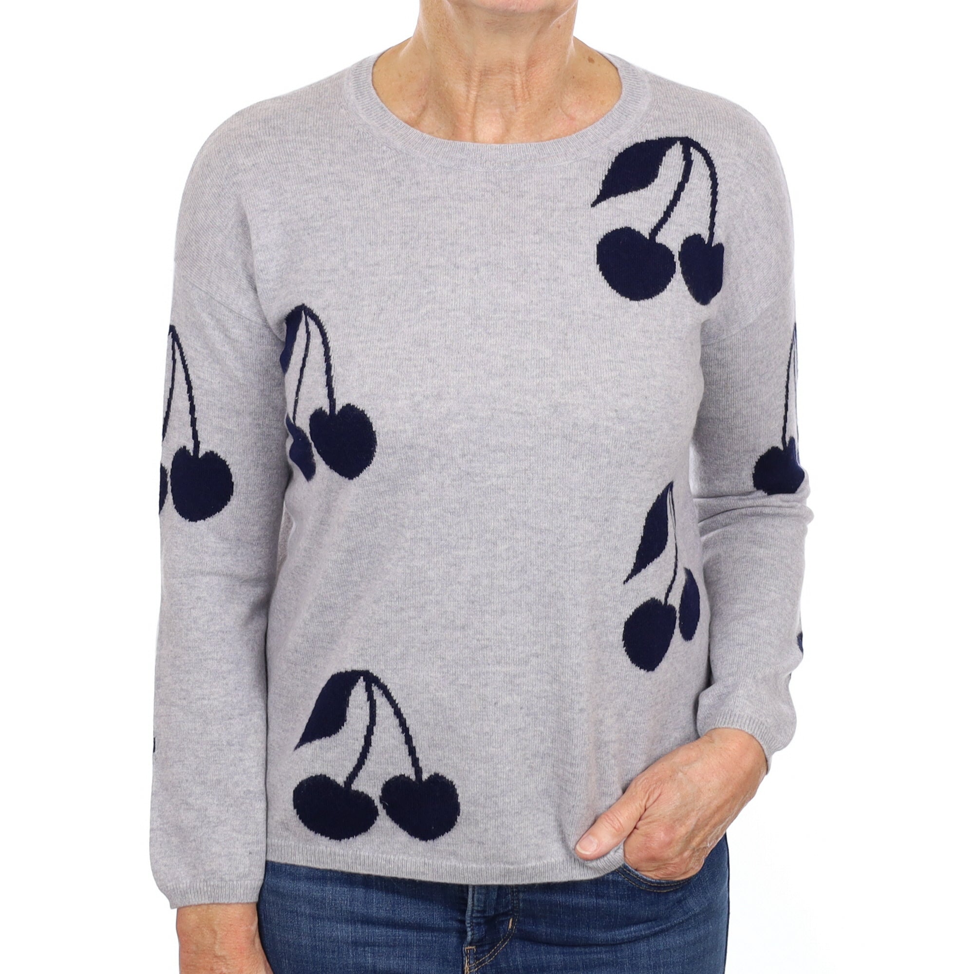 Cocoa Cashmere Grey Navy Cherry Cashmere Crew Neck Jumper Medium